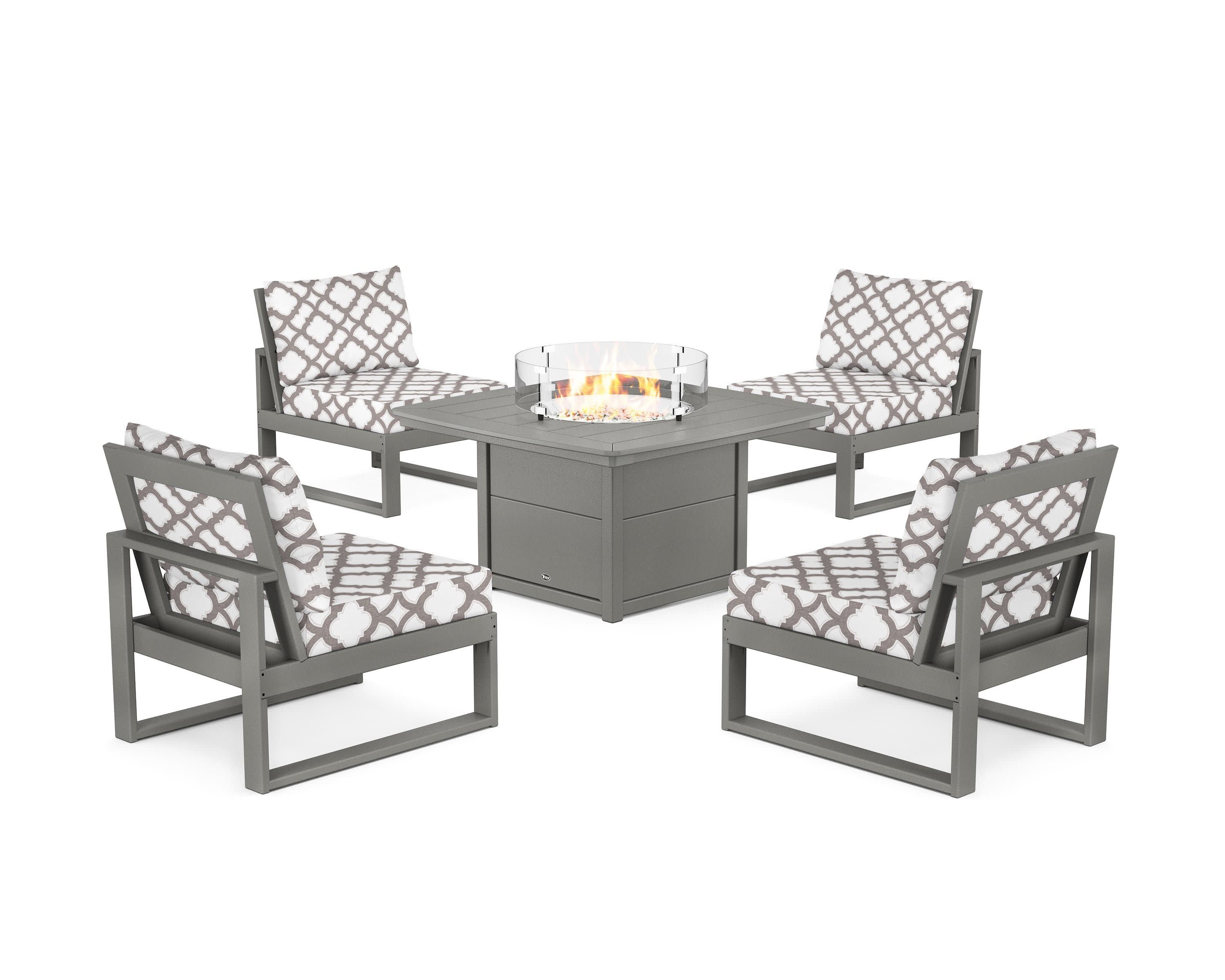 Eastport Modular 5-Piece Deep Seating Set with Yacht Club Fire Pit Table in Stepping Stone / Trellis Grey Mist