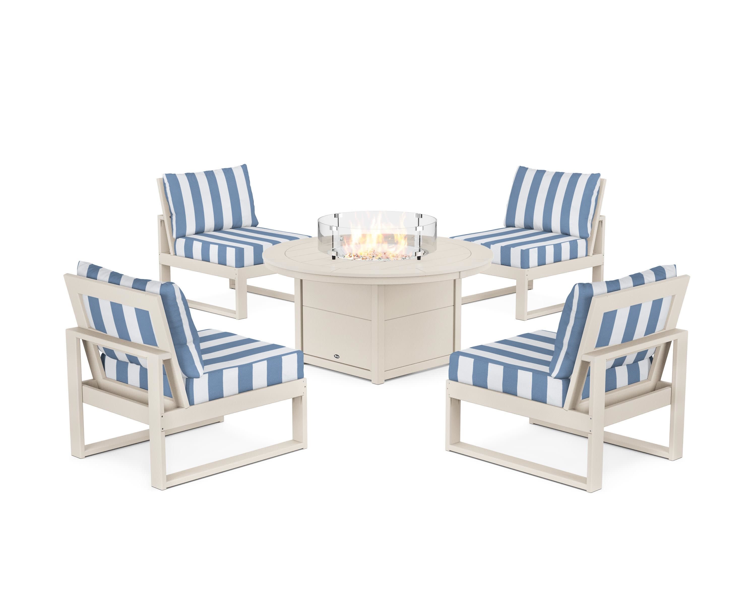 Eastport Modular 5-Piece Deep Seating Set with Round Fire Pit Table in Sand Castle / Cabana Stripe Sky Blue