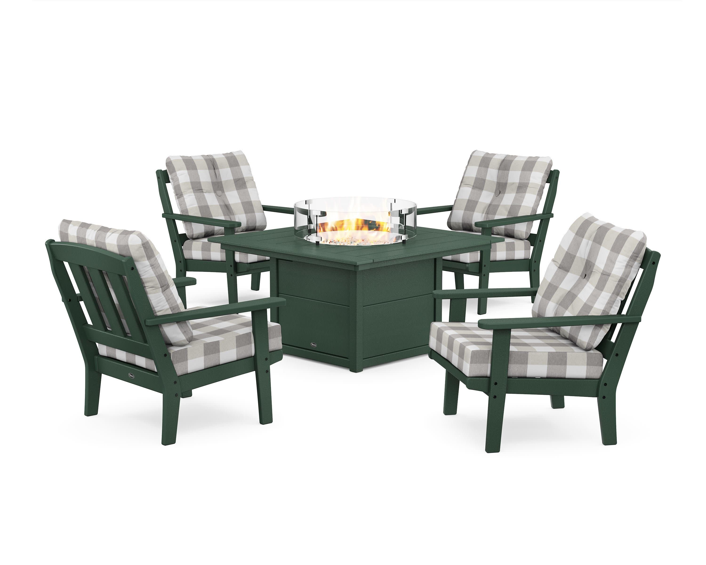 Cape Cod 5-Piece Deep Seating Set with Fire Pit Table in Rainforest Canopy / Buffalo Plaid Grey Mist