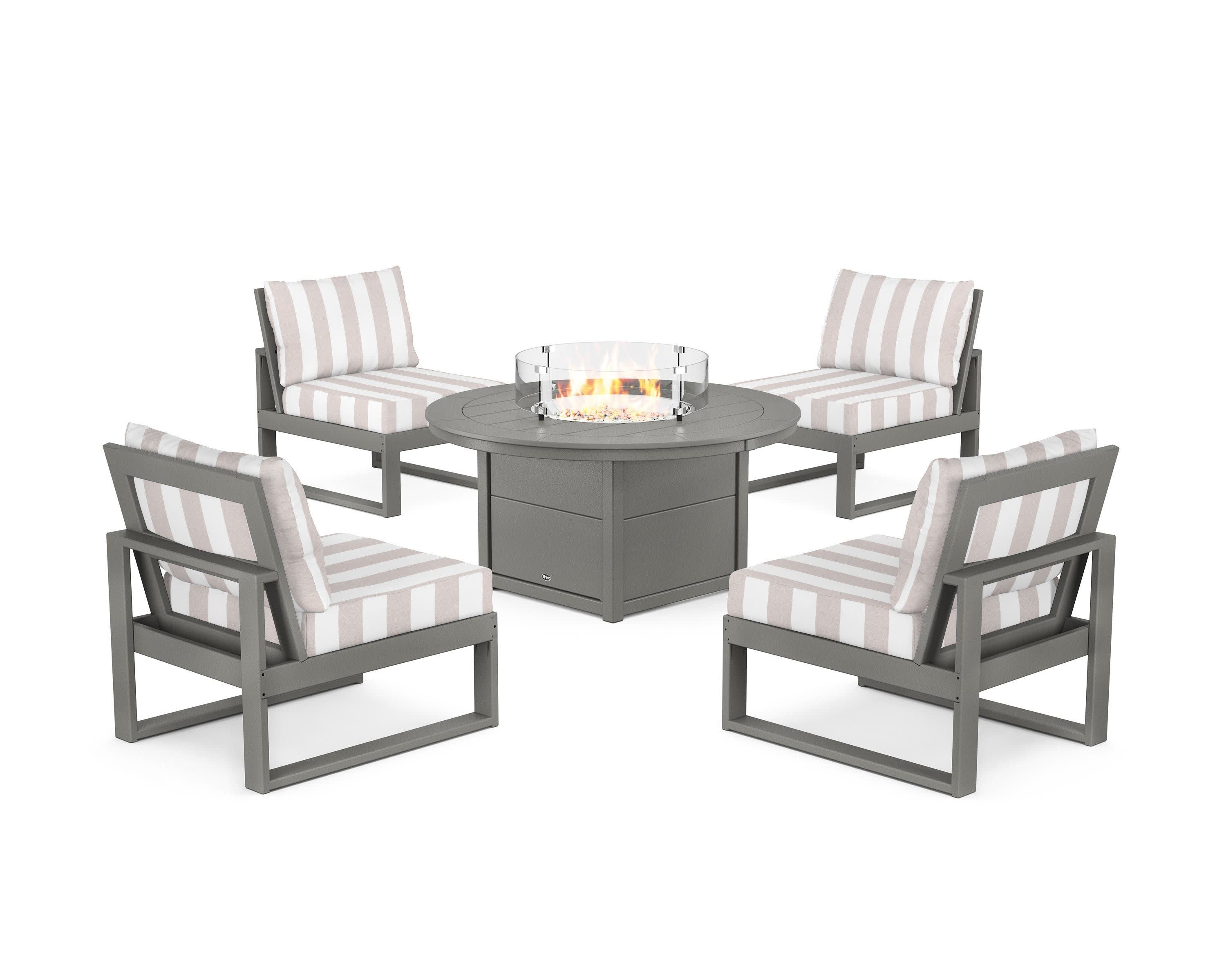 Eastport Modular 5-Piece Deep Seating Set with Round Fire Pit Table in Stepping Stone / Cabana Stripe Dune Burlap