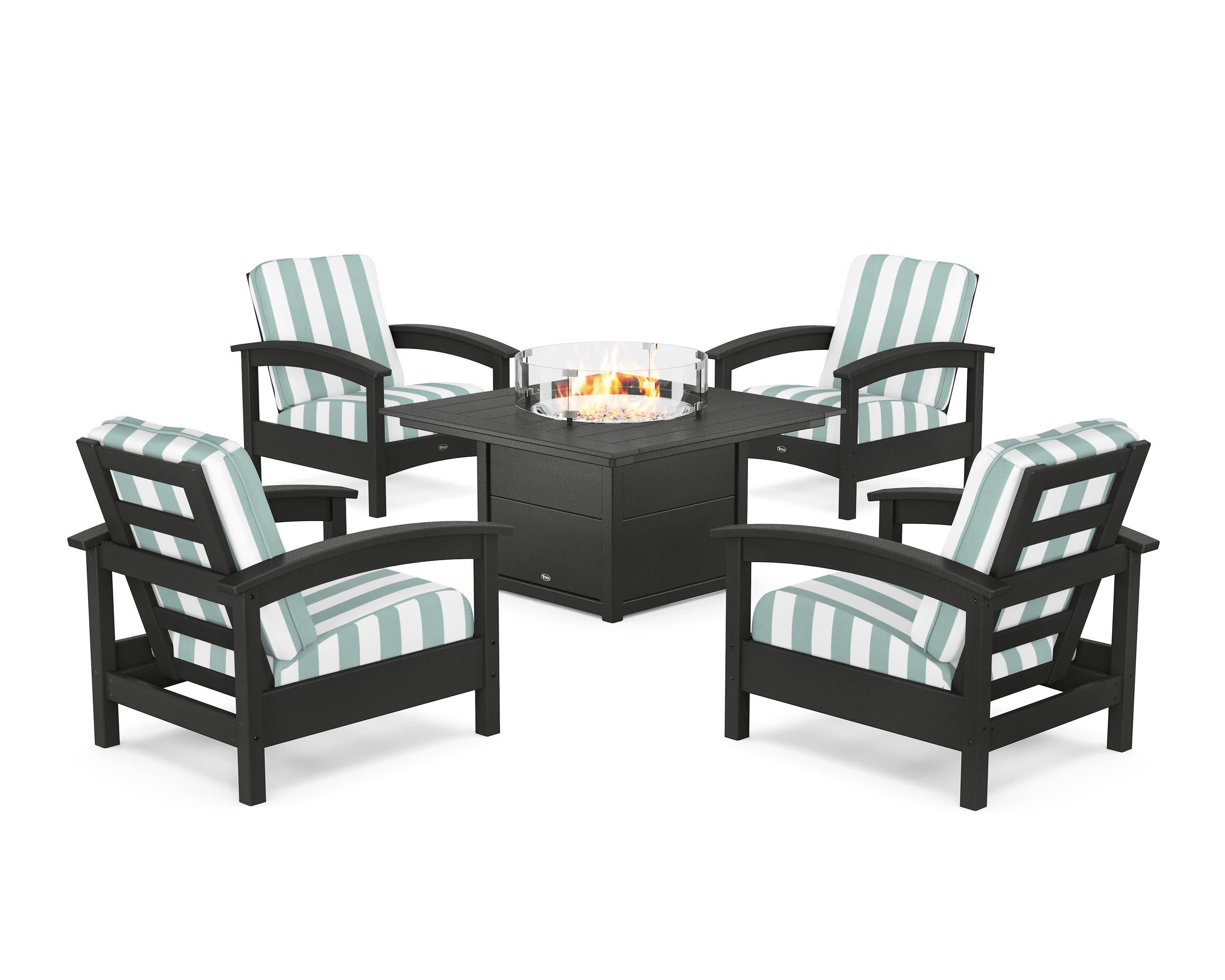 Rockport 5-Piece Deep Seating Set with Square Fire Pit Table in Charcoal Black / Cabana Stripe Glacier Spa
