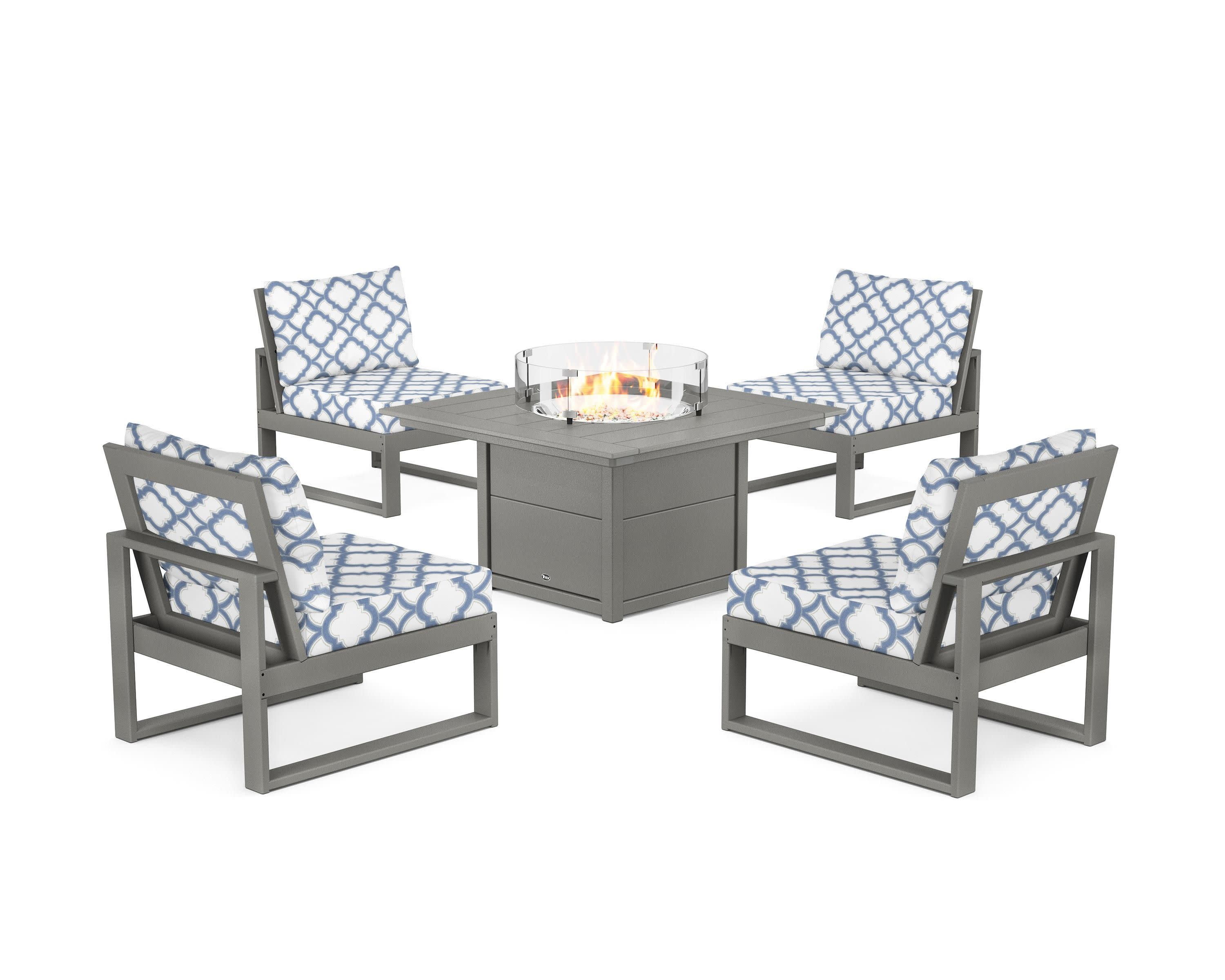 Eastport Modular 5-Piece Deep Seating Set with Square Fire Pit Table in Stepping Stone / Trellis Sky Blue
