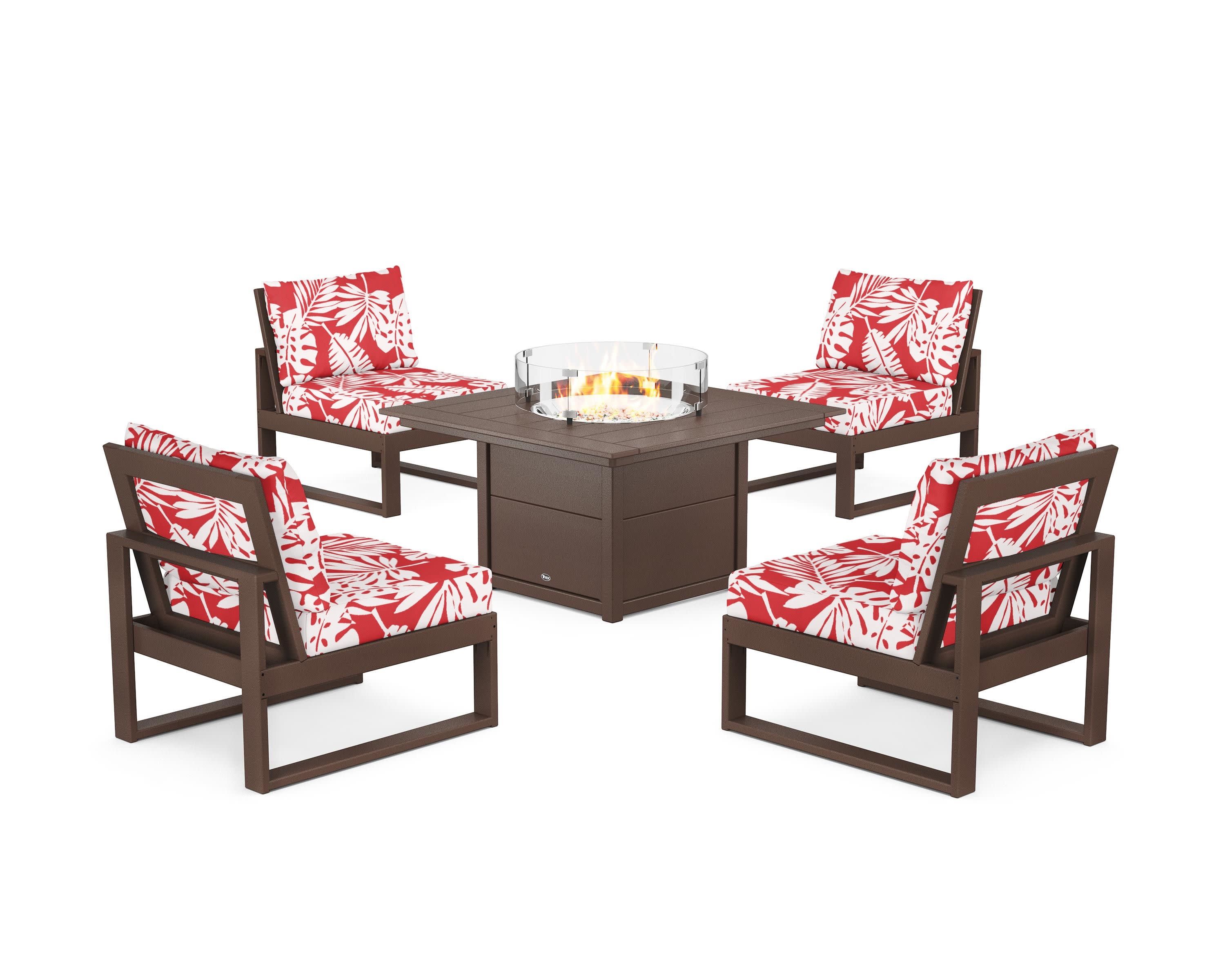 Eastport Modular 5-Piece Deep Seating Set with Square Fire Pit Table in Vintage Lantern / Leaf Crimson