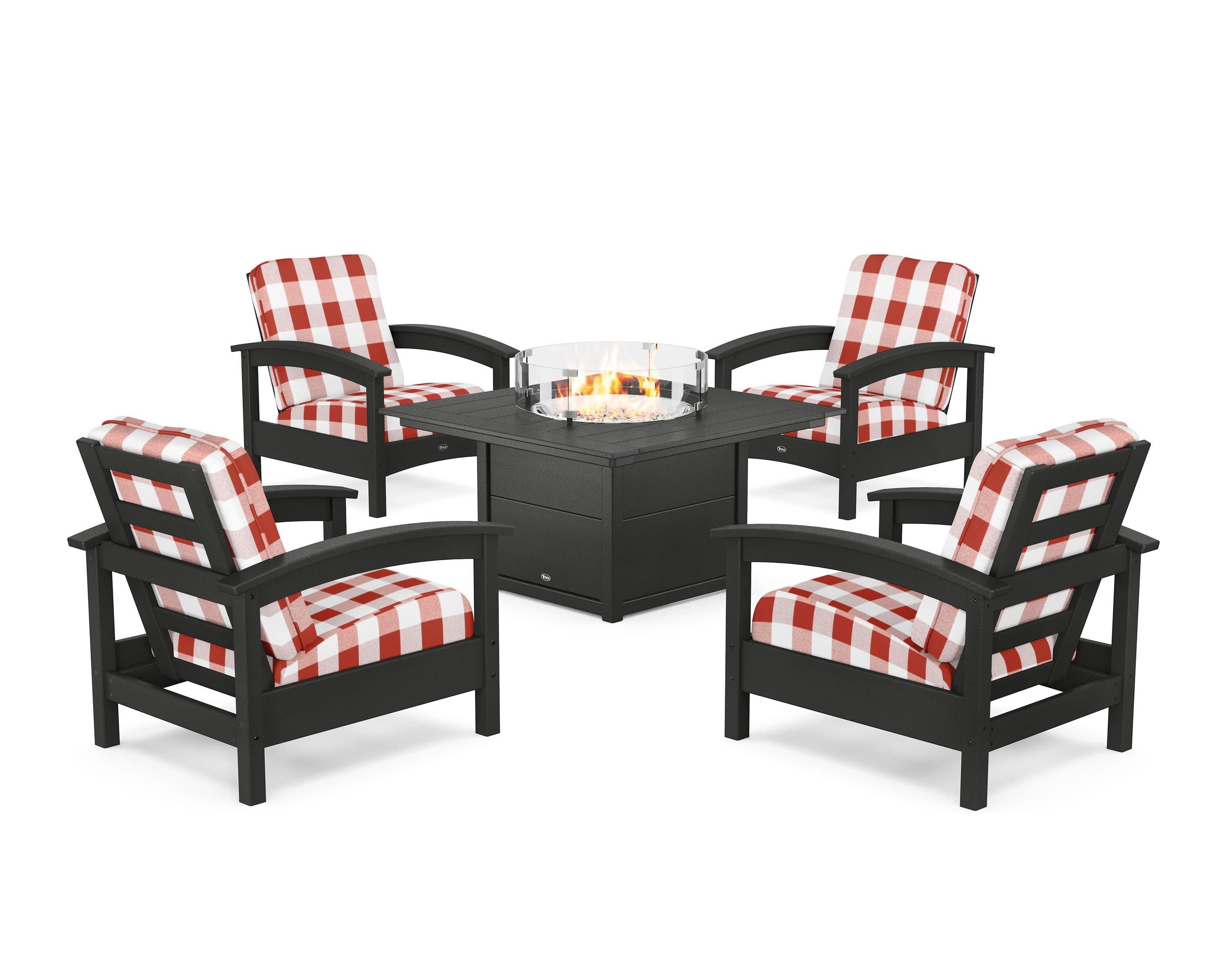 Rockport 5-Piece Deep Seating Set with Square Fire Pit Table in Charcoal Black / Buffalo Plaid Crimson