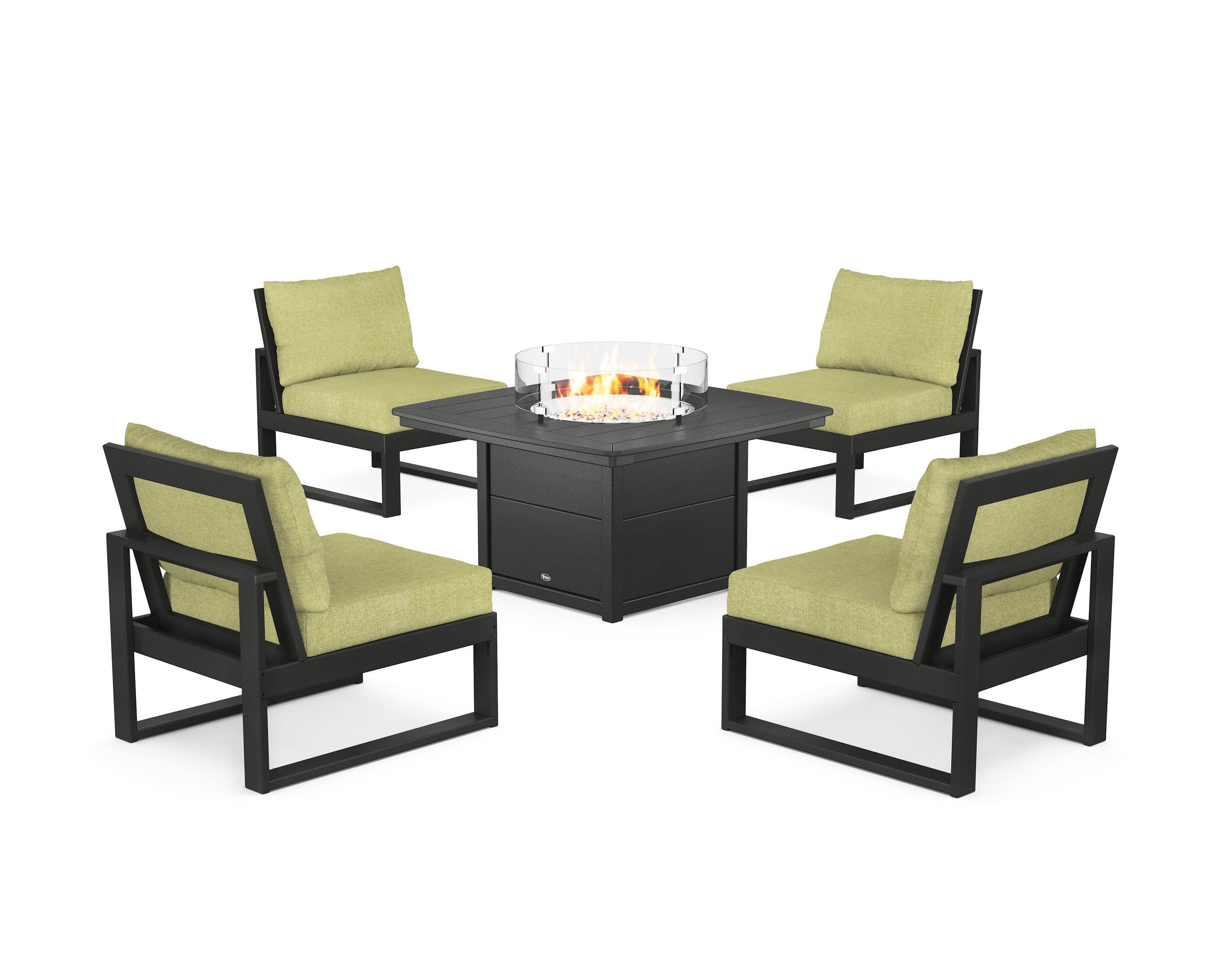 Eastport Modular 5-Piece Deep Seating Set with Yacht Club Fire Pit Table in Charcoal Black / Chartreuse Boucle