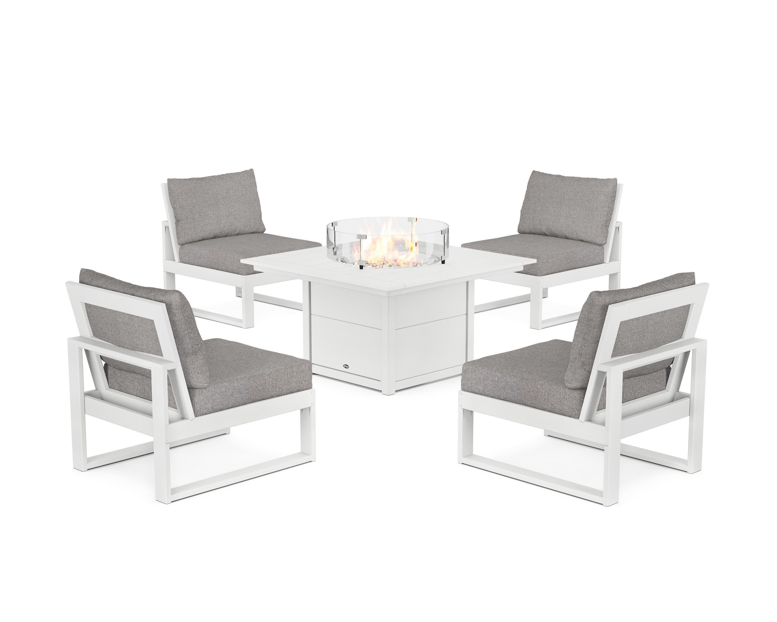 Eastport Modular 5-Piece Deep Seating Set with Square Fire Pit Table in Classic White / Grey Mist
