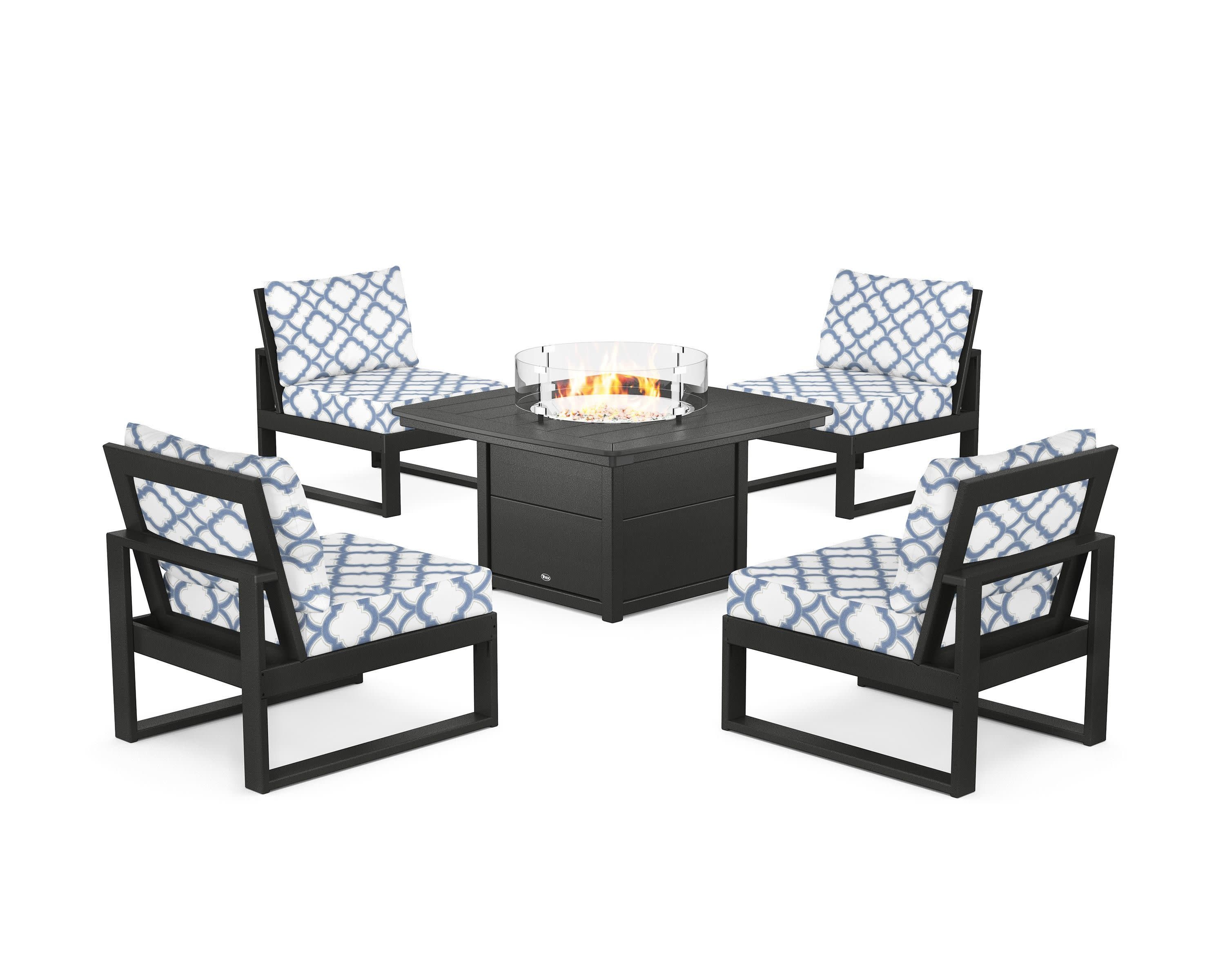 Eastport Modular 5-Piece Deep Seating Set with Yacht Club Fire Pit Table in Charcoal Black / Trellis Sky Blue