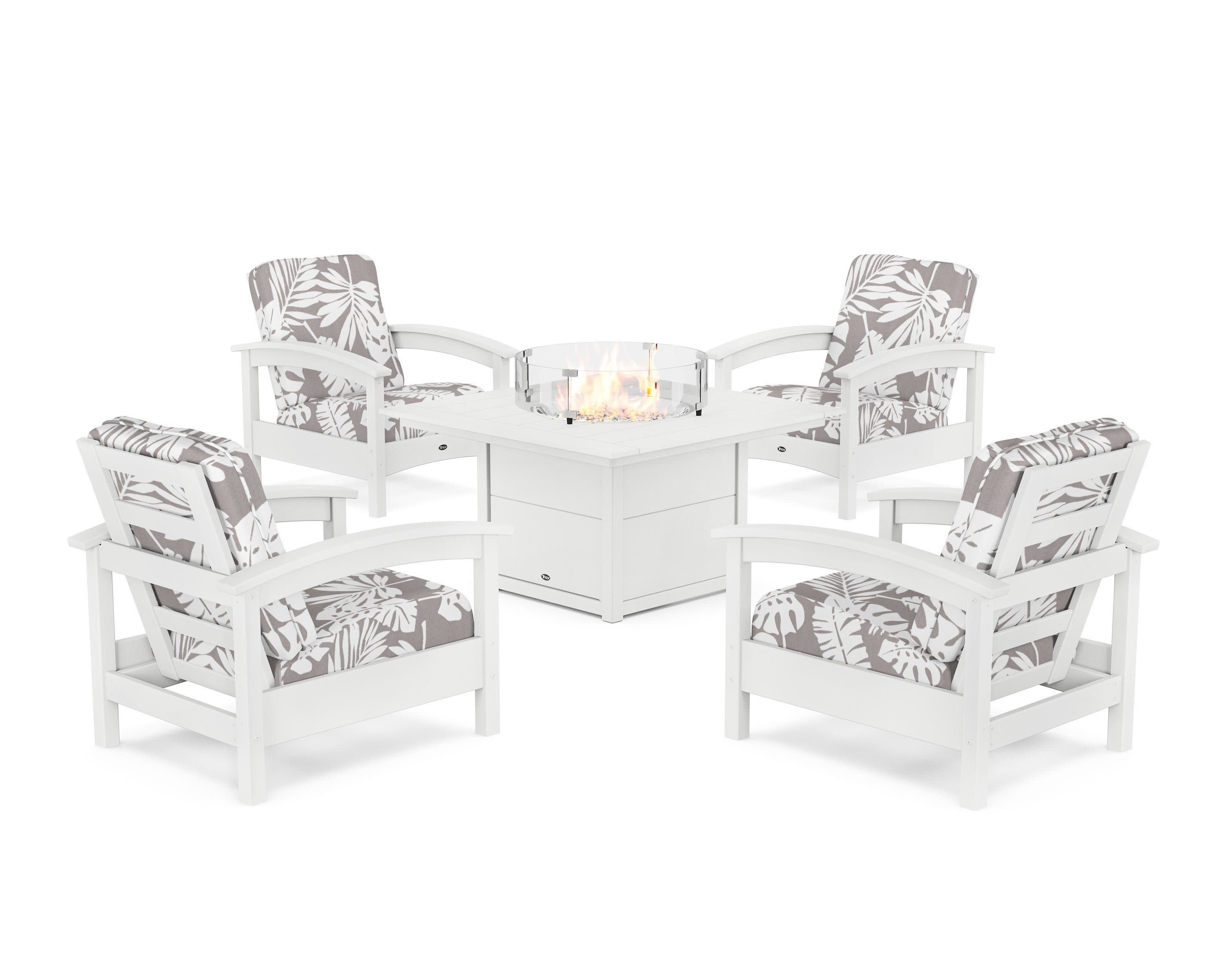 Rockport 5-Piece Deep Seating Set with Square Fire Pit Table in Classic White / Leaf Grey Mist