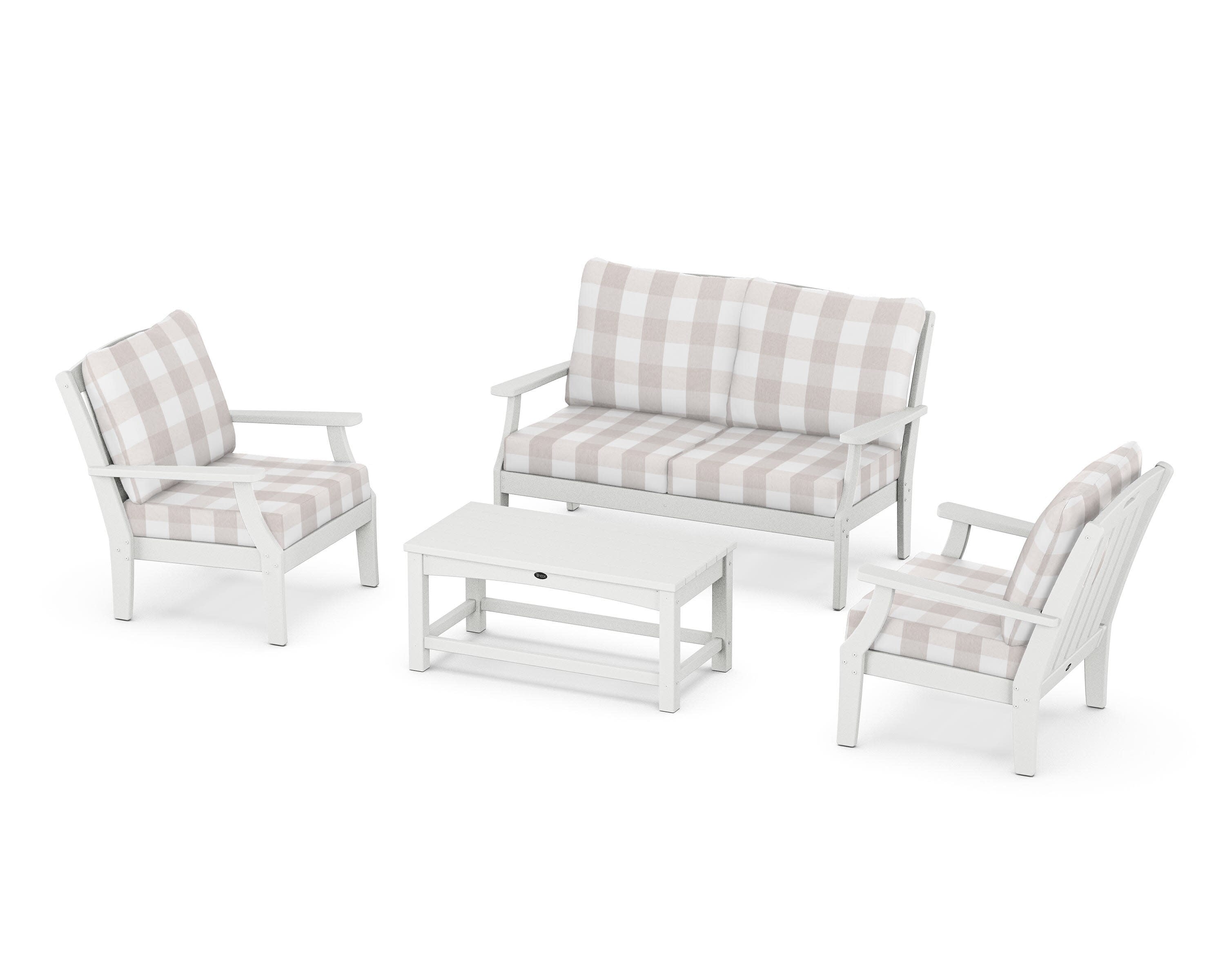 Yacht Club 4-Piece Deep Seating Chair Set in Classic White / Buffalo Plaid Dune Burlap