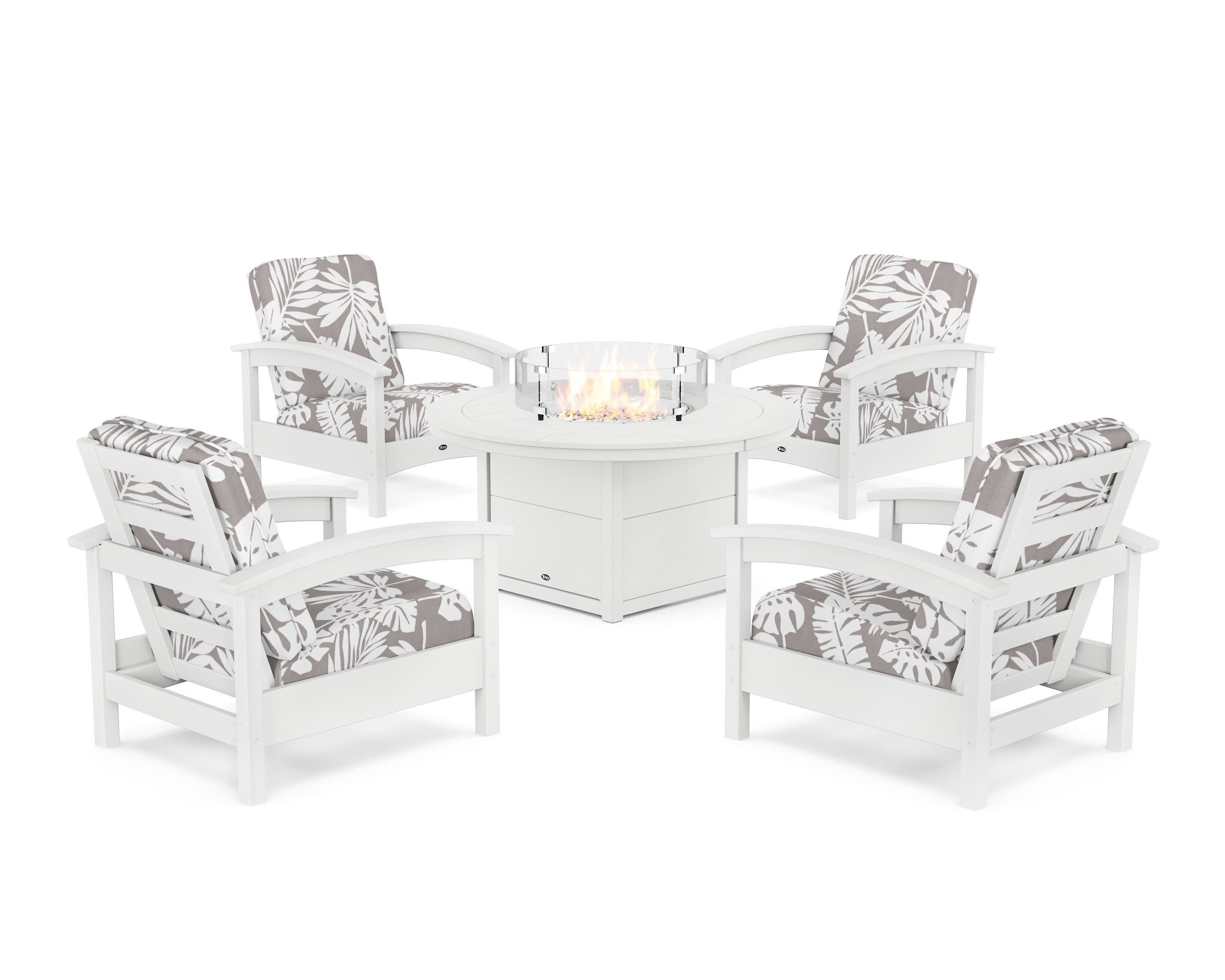 Rockport 5-Piece Deep Seating Set with Round Fire Pit Table in Classic White / Leaf Grey Mist