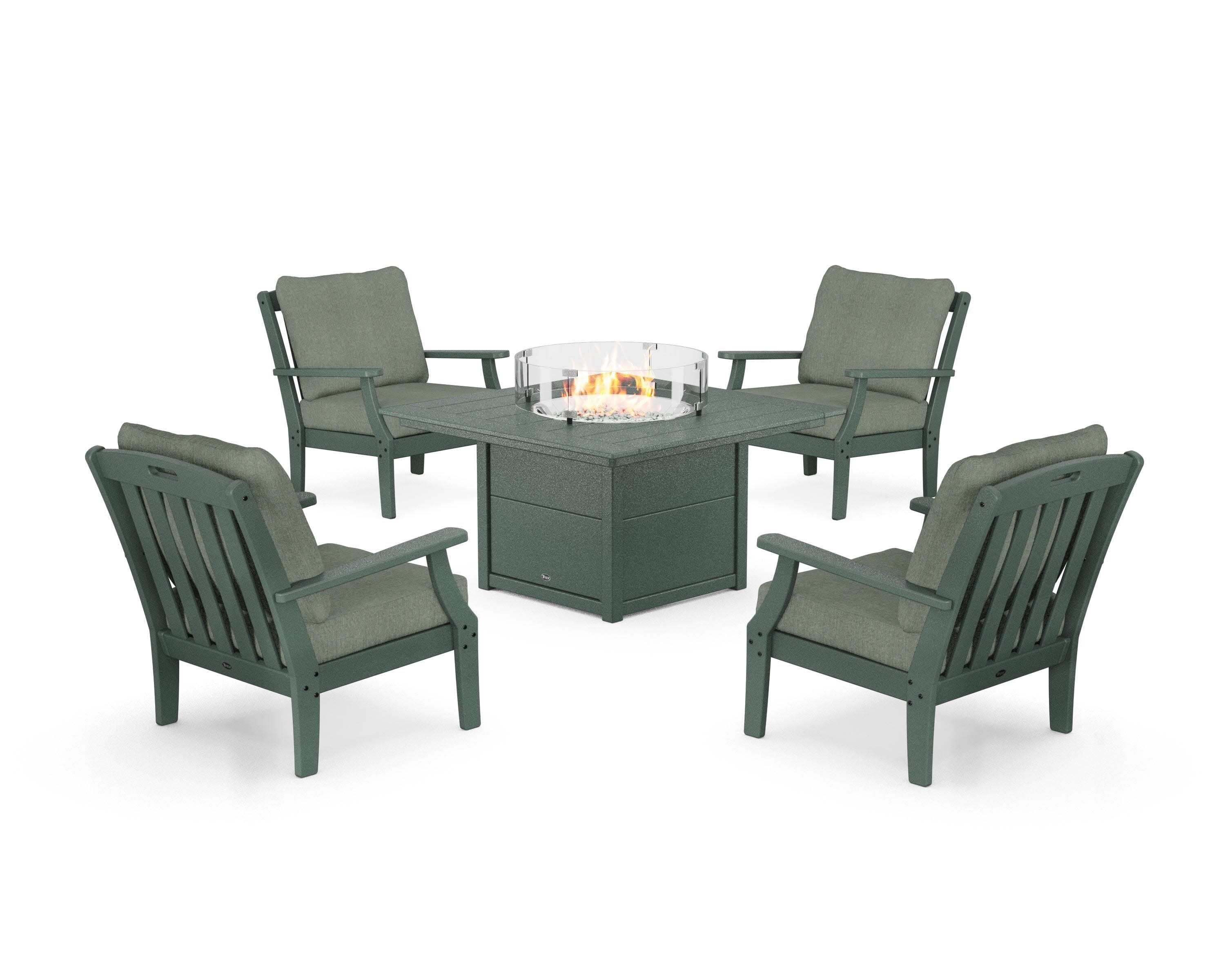Yacht Club 5-Piece Deep Seating Set with Square Fire Pit Table in Rainforest Canopy / Cast Sage