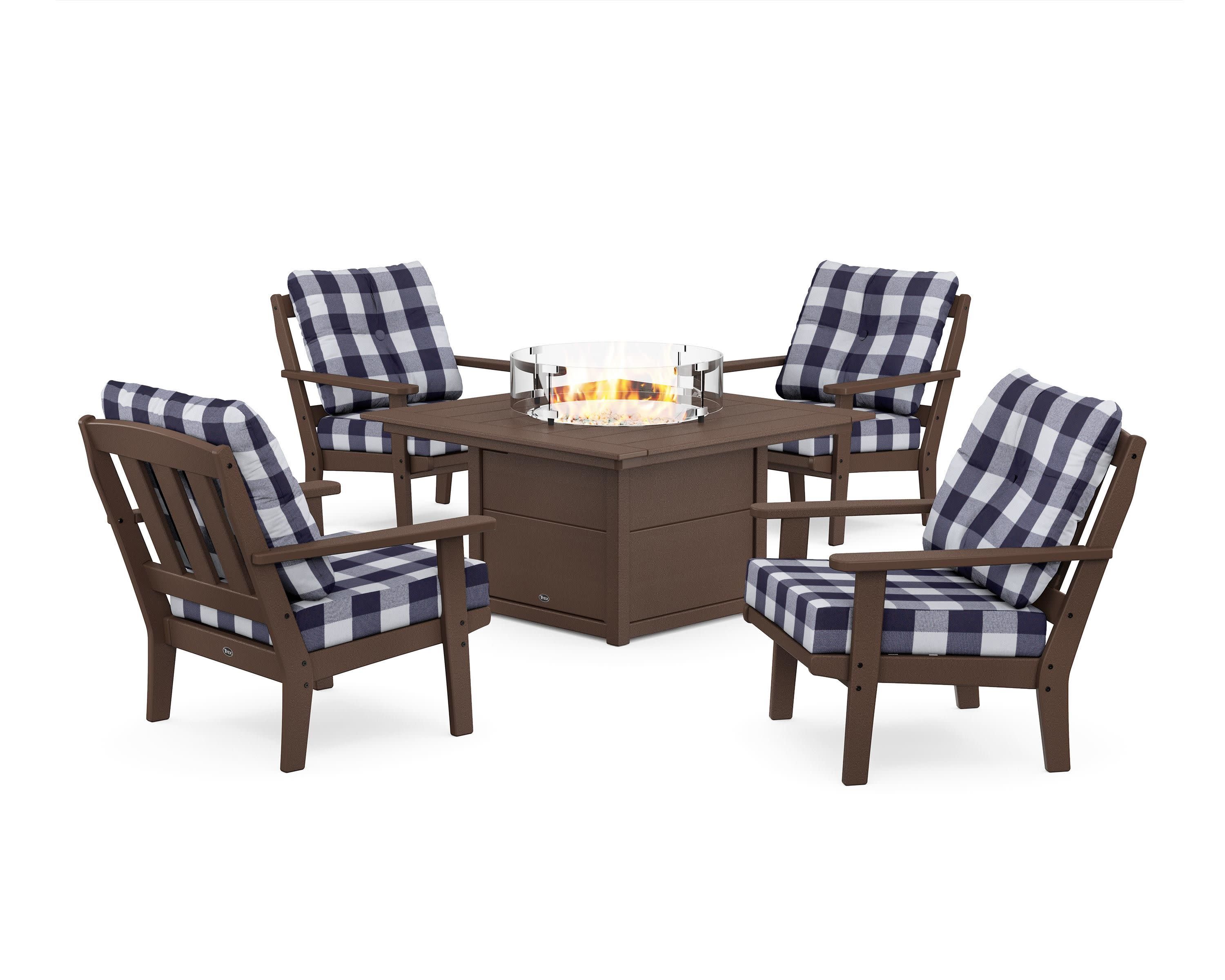Cape Cod 5-Piece Deep Seating Set with Fire Pit Table in Vintage Lantern / Buffalo Plaid Navy