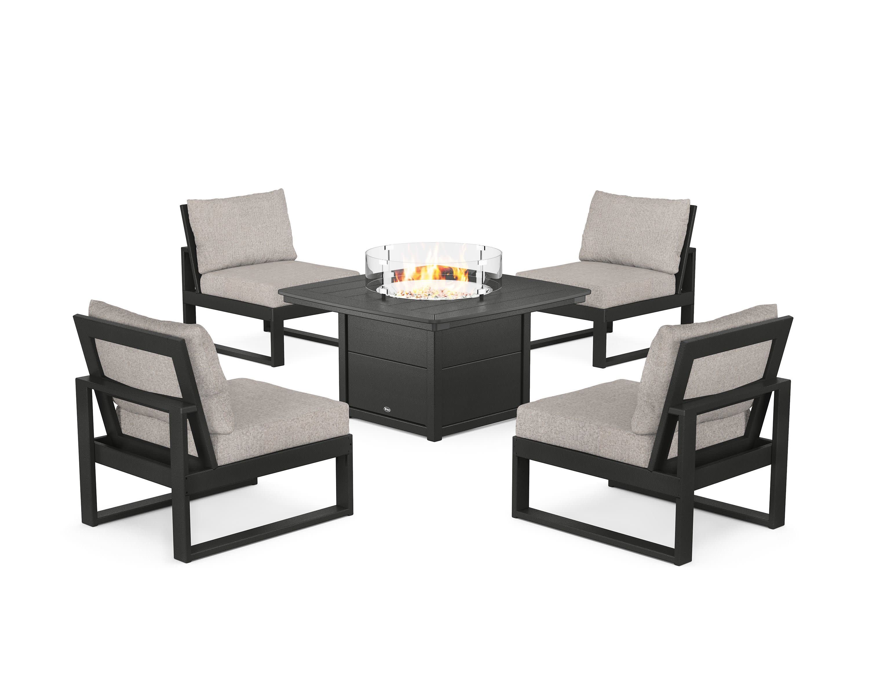 Eastport Modular 5-Piece Deep Seating Set with Yacht Club Fire Pit Table in Charcoal Black / Weathered Tweed