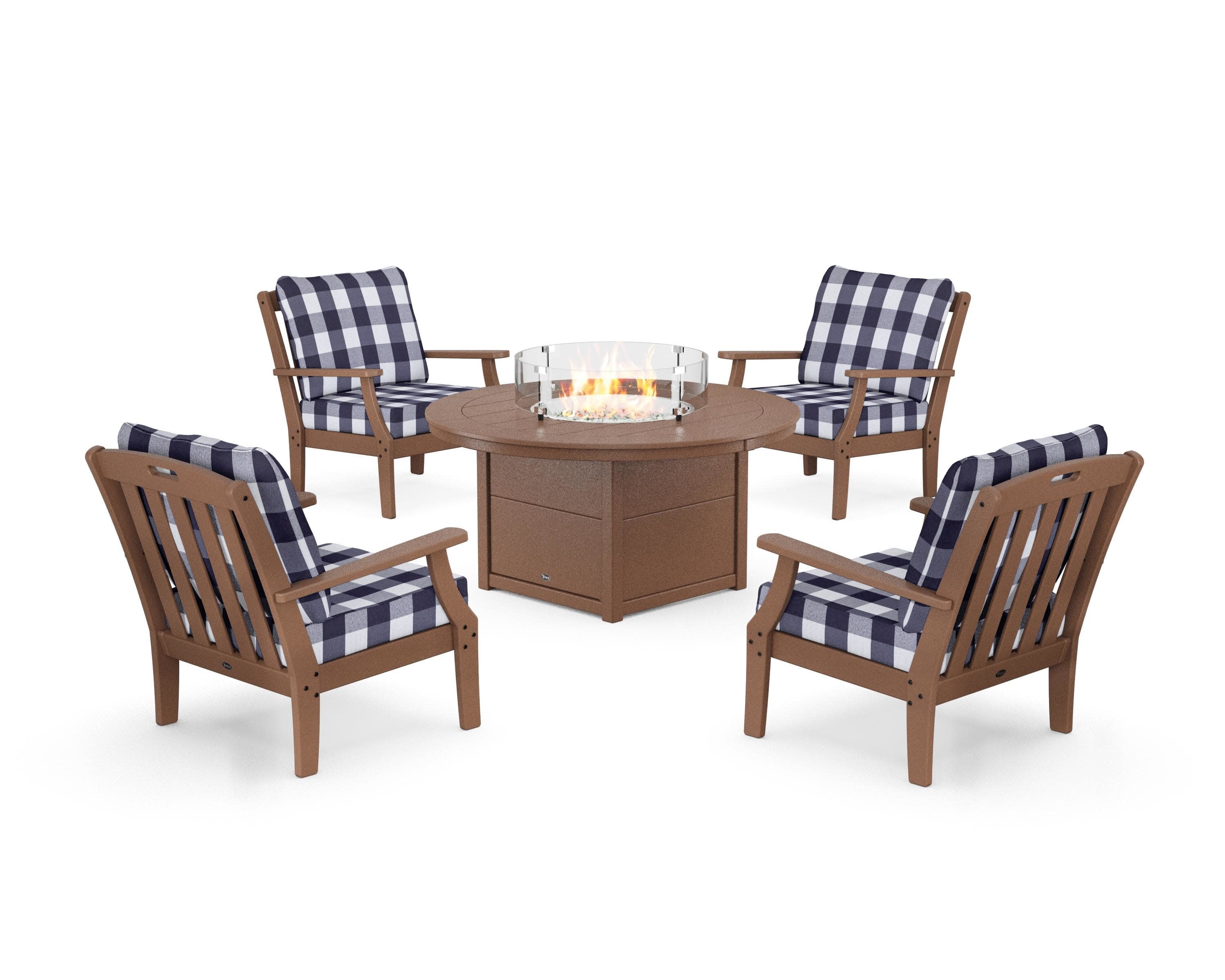 Yacht Club 5-Piece Deep Seating Set with Round Fire Pit Table in Tree House / Buffalo Plaid Navy