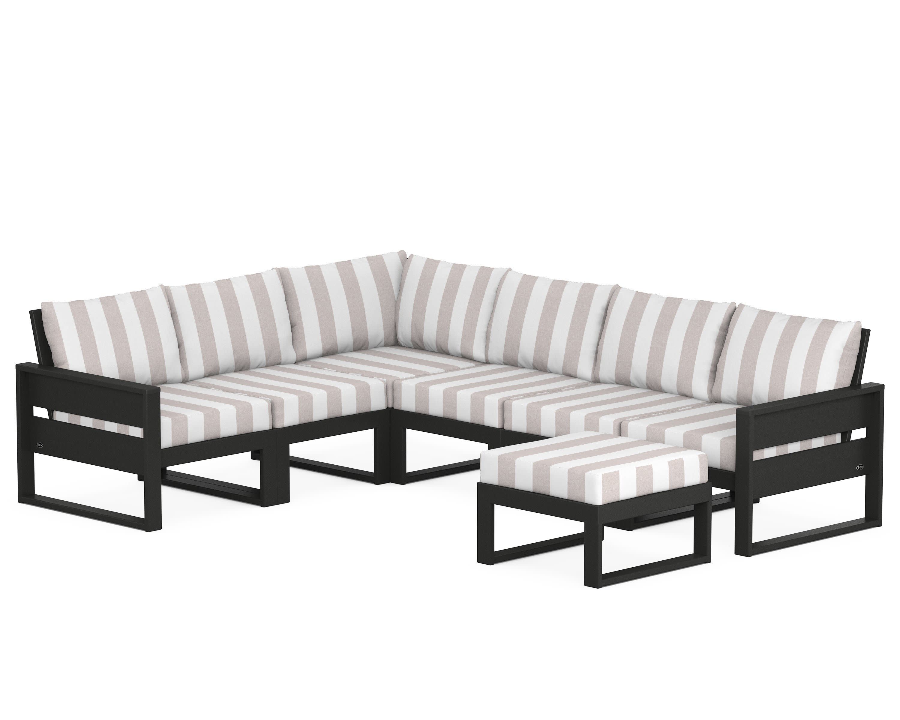 Eastport 6-Piece Sectional with Ottoman in Charcoal Black / Cabana Stripe Dune Burlap