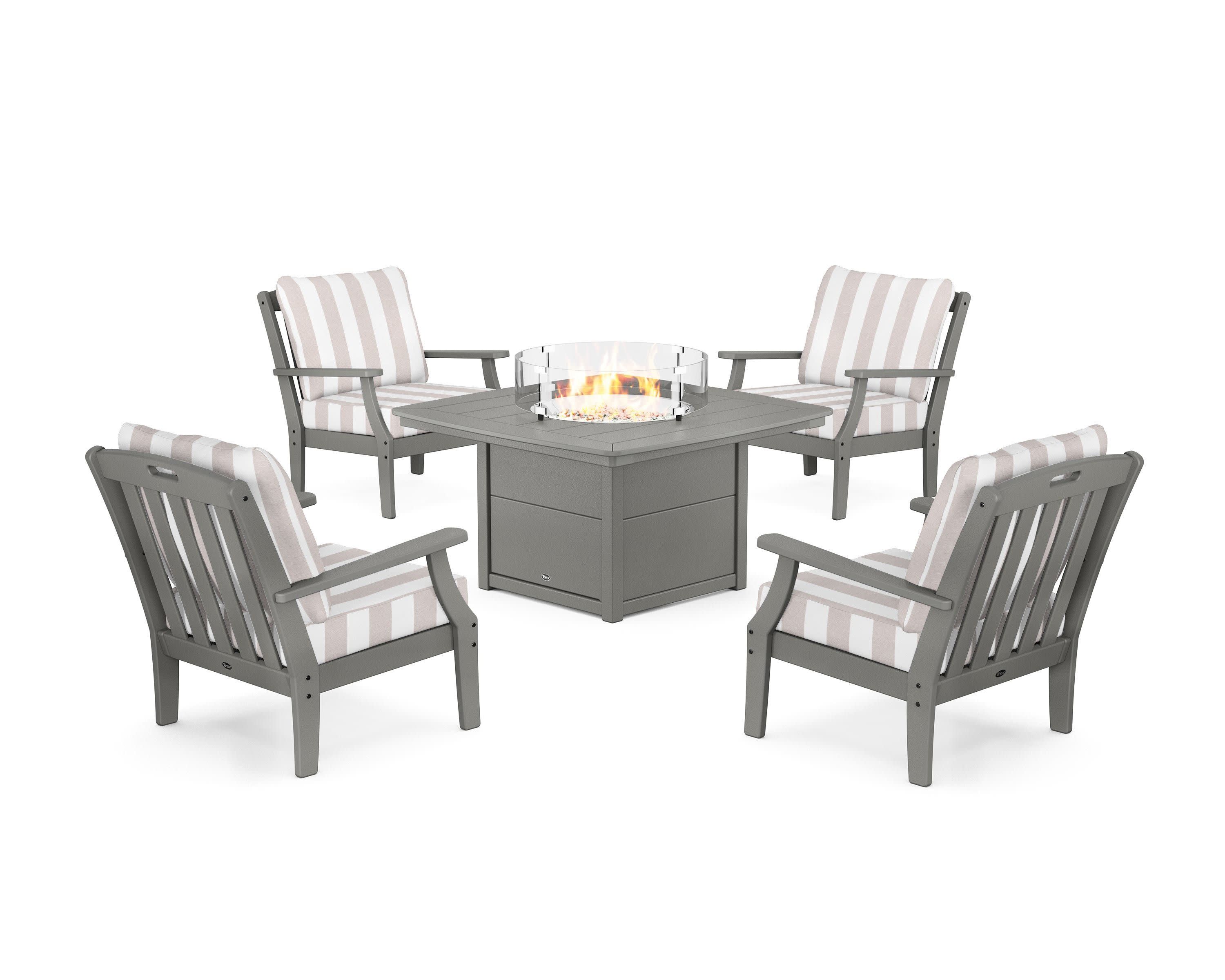 Yacht Club 5-Piece Deep Seating Set with Fire Pit Table in Stepping Stone / Cabana Stripe Dune Burlap