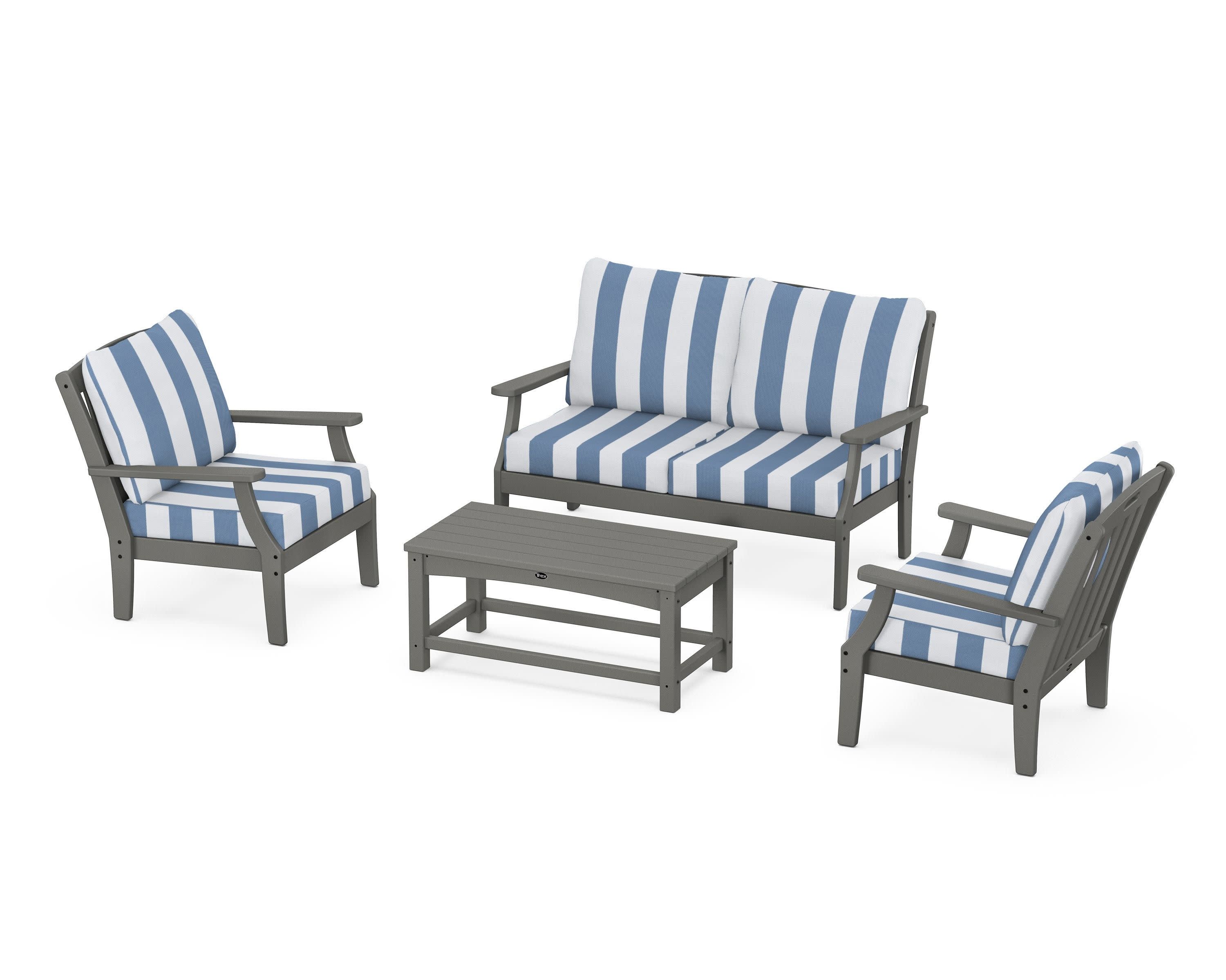 Yacht Club 4-Piece Deep Seating Chair Set in Stepping Stone / Cabana Stripe Sky Blue