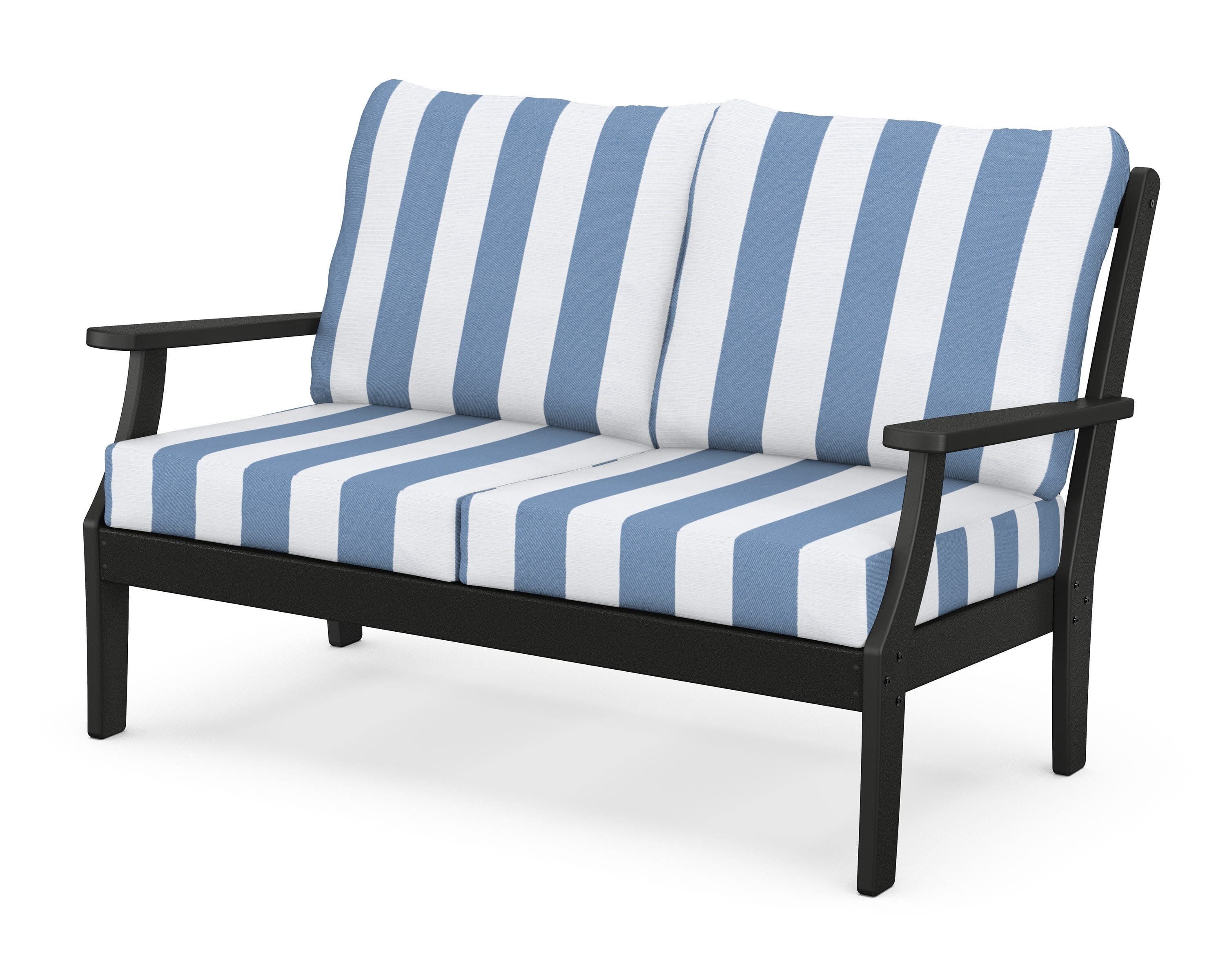 Yacht Club Deep Seating Loveseat in Charcoal Black / Cabana Stripe Sky Blue