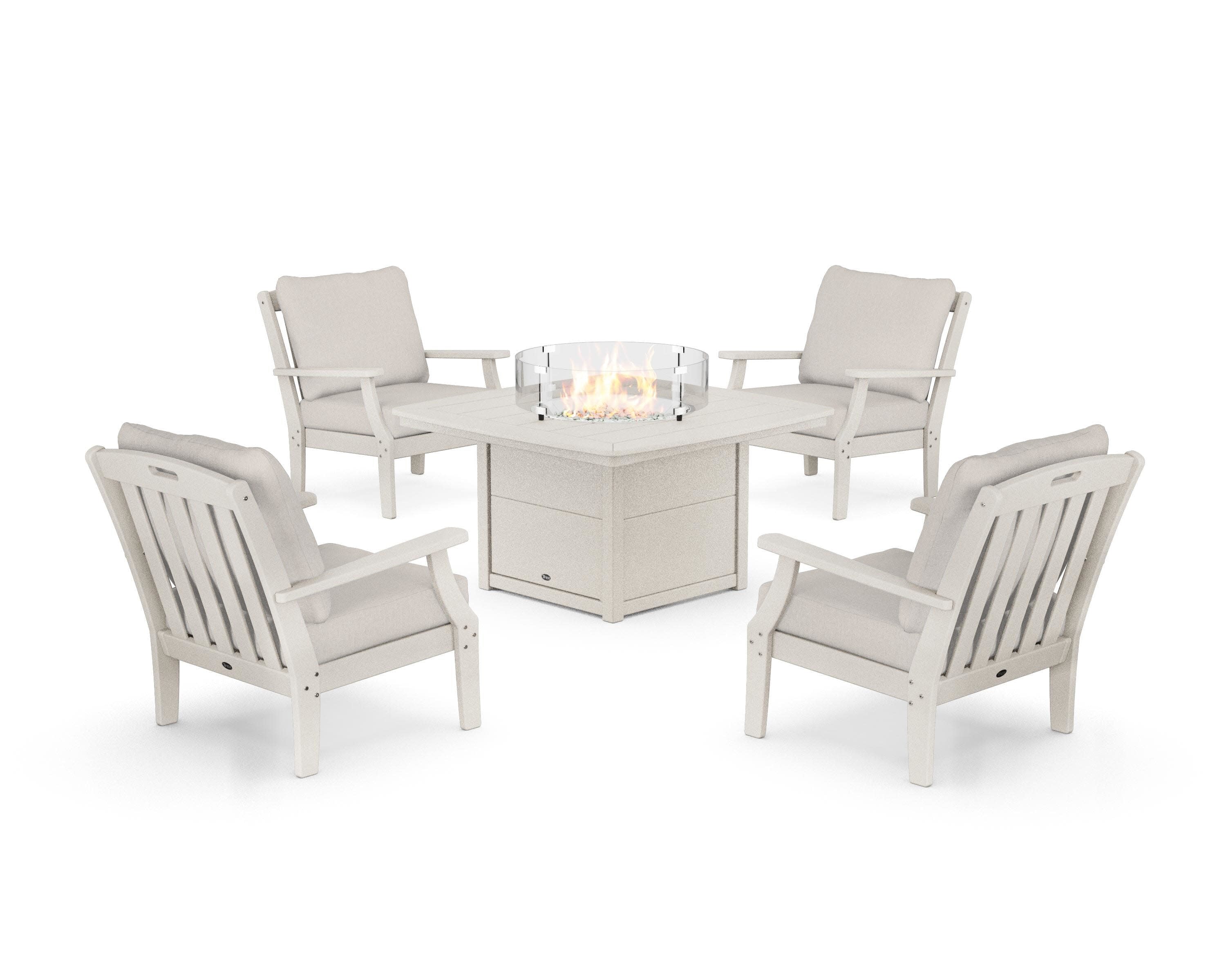 Yacht Club 5-Piece Deep Seating Set with Fire Pit Table in Sand Castle / Cast Ash