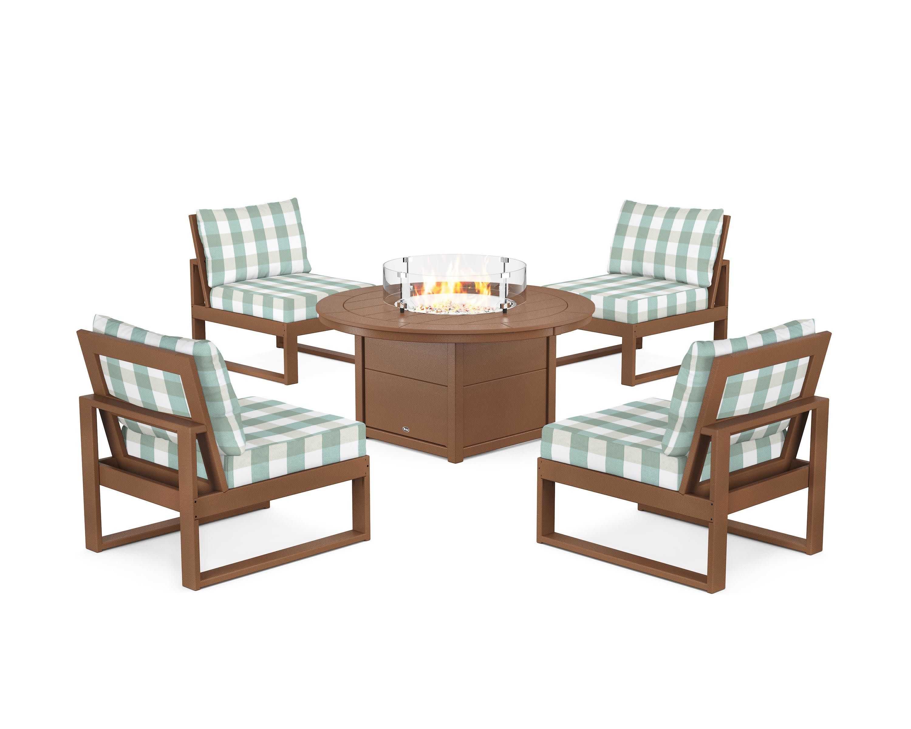 Eastport Modular 5-Piece Deep Seating Set with Round Fire Pit Table in Tree House / Buffalo Plaid Glacier Spa