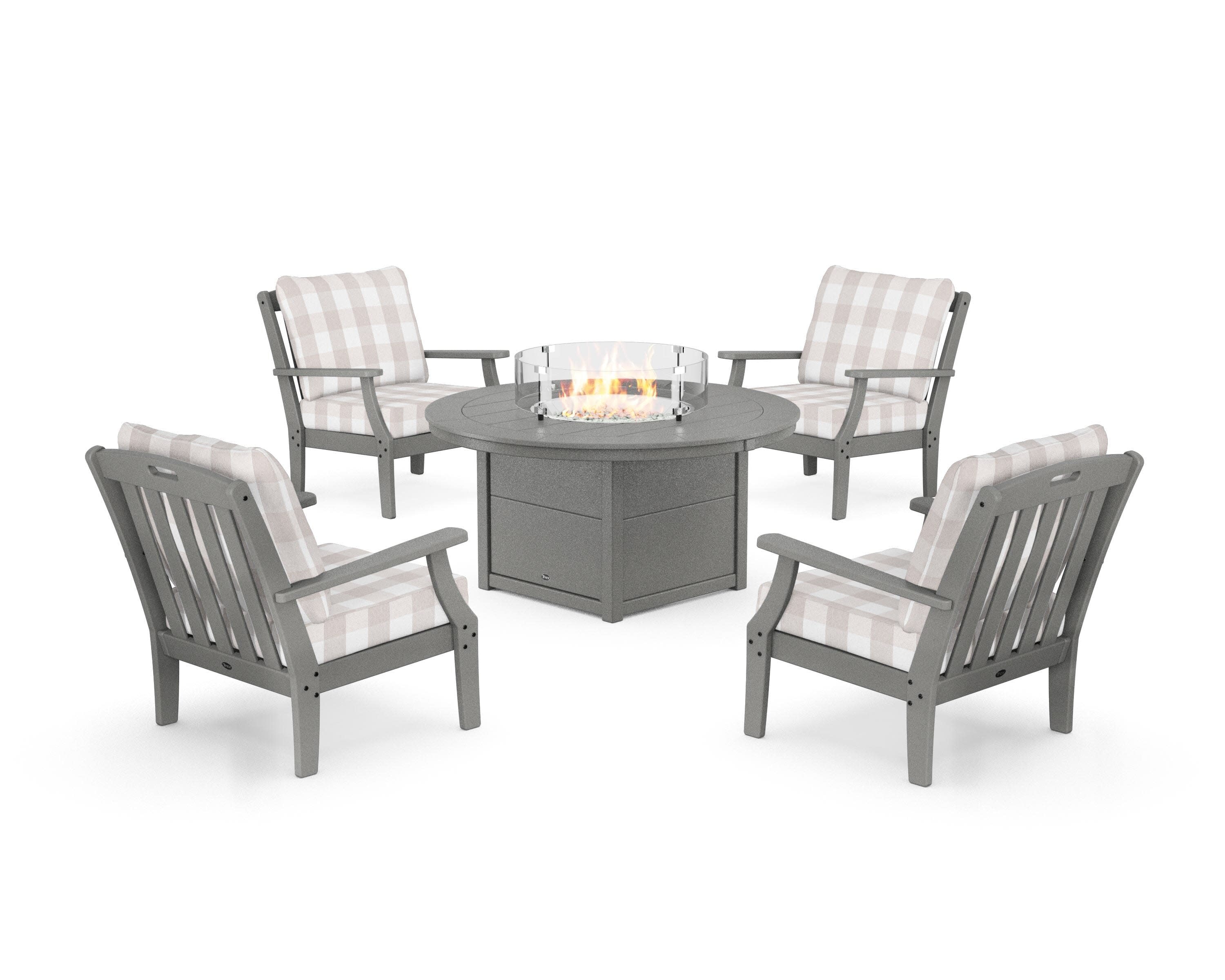 Yacht Club 5-Piece Deep Seating Set with Round Fire Pit Table in Stepping Stone / Buffalo Plaid Dune Burlap