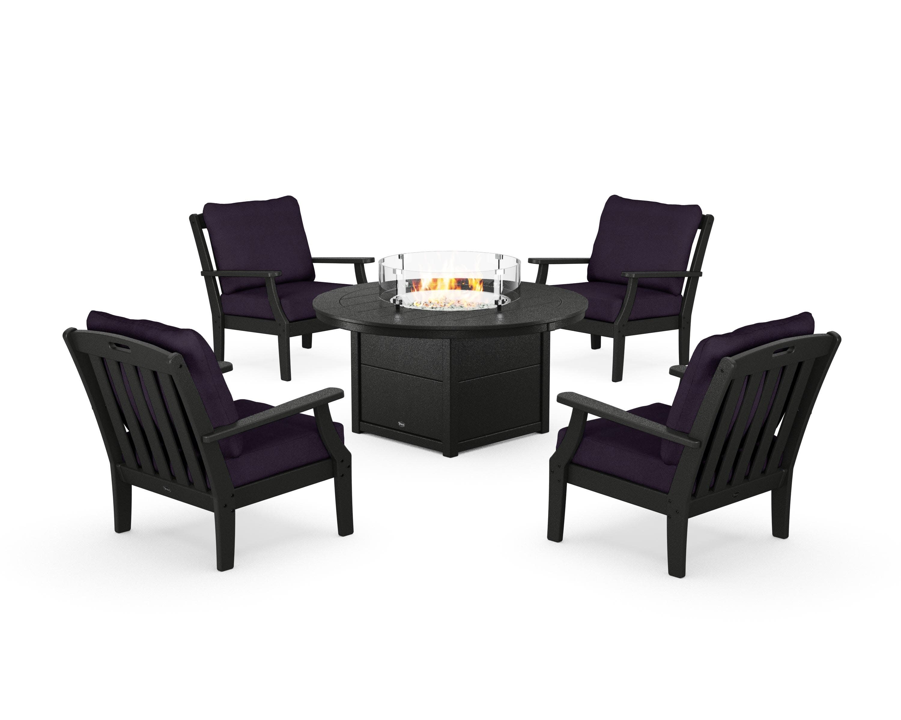 Yacht Club 5-Piece Deep Seating Set with Round Fire Pit Table in Charcoal Black / Navy Linen