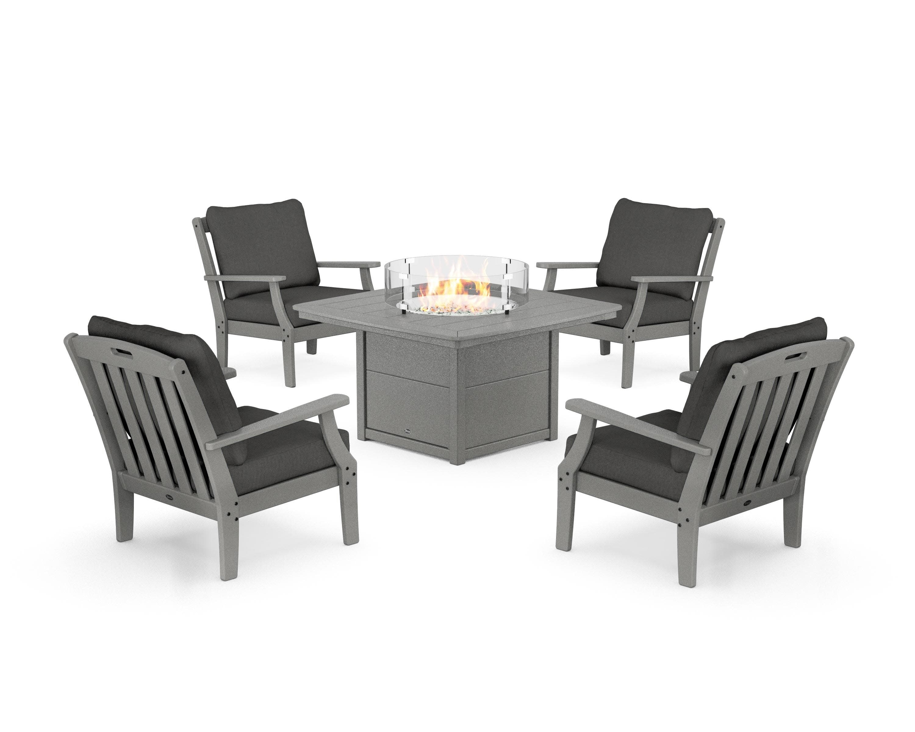 Yacht Club 5-Piece Deep Seating Set with Fire Pit Table in Stepping Stone / Spectrum Carbon