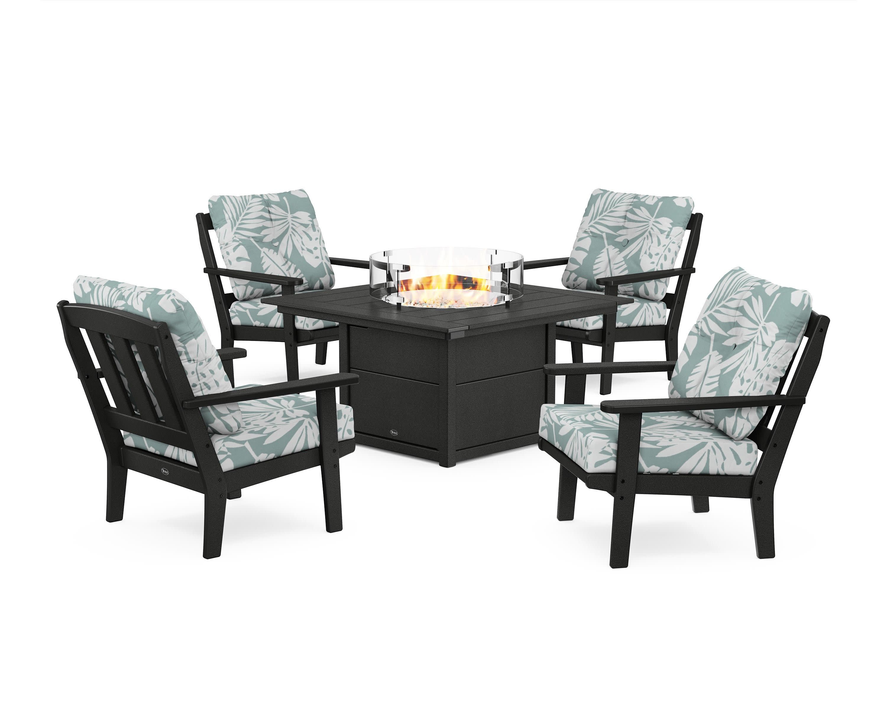 Cape Cod 5-Piece Deep Seating Set with Fire Pit Table in Charcoal Black / Leaf Glacier Spa