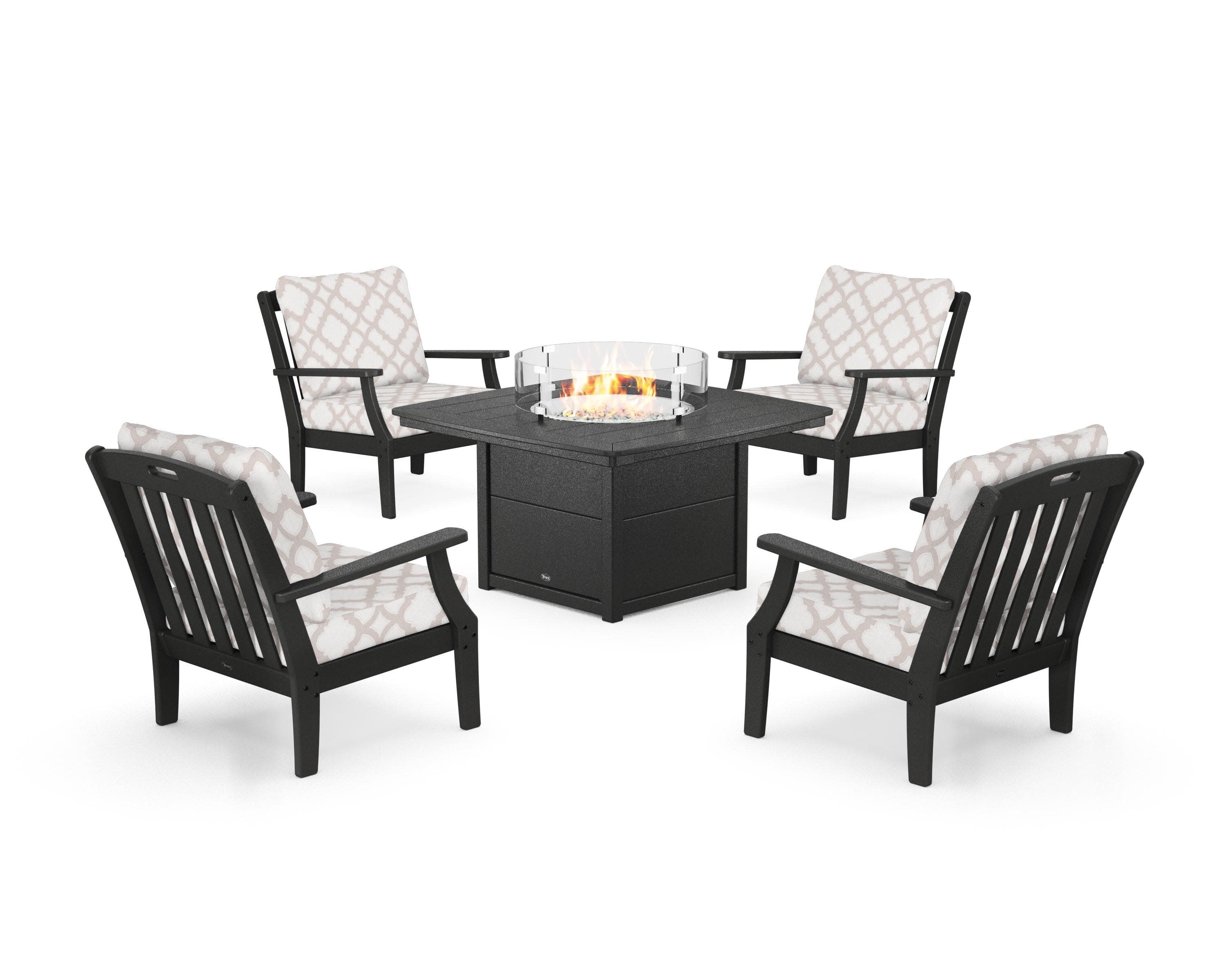 Yacht Club 5-Piece Deep Seating Set with Fire Pit Table in Charcoal Black / Trellis Dune Burlap