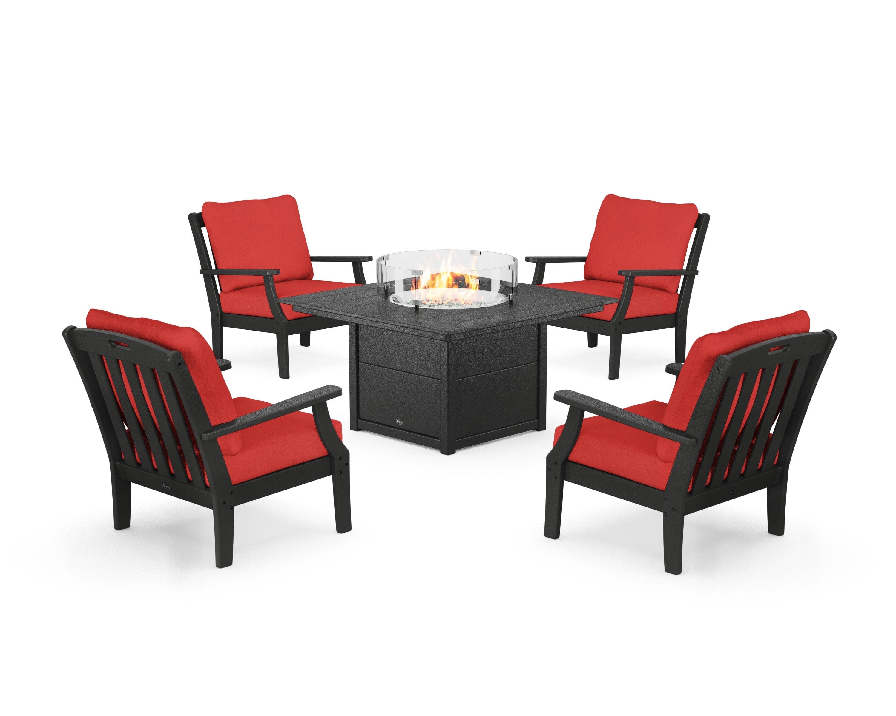Yacht Club 5-Piece Deep Seating Set with Square Fire Pit Table in Charcoal Black / Crimson Linen