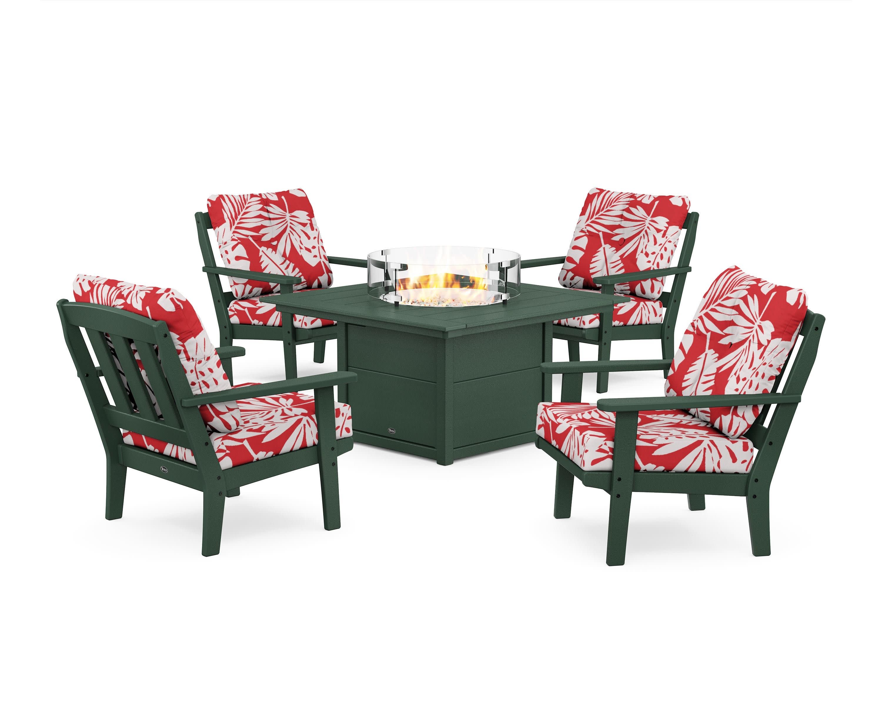 Cape Cod 5-Piece Deep Seating Set with Fire Pit Table in Rainforest Canopy / Leaf Crimson