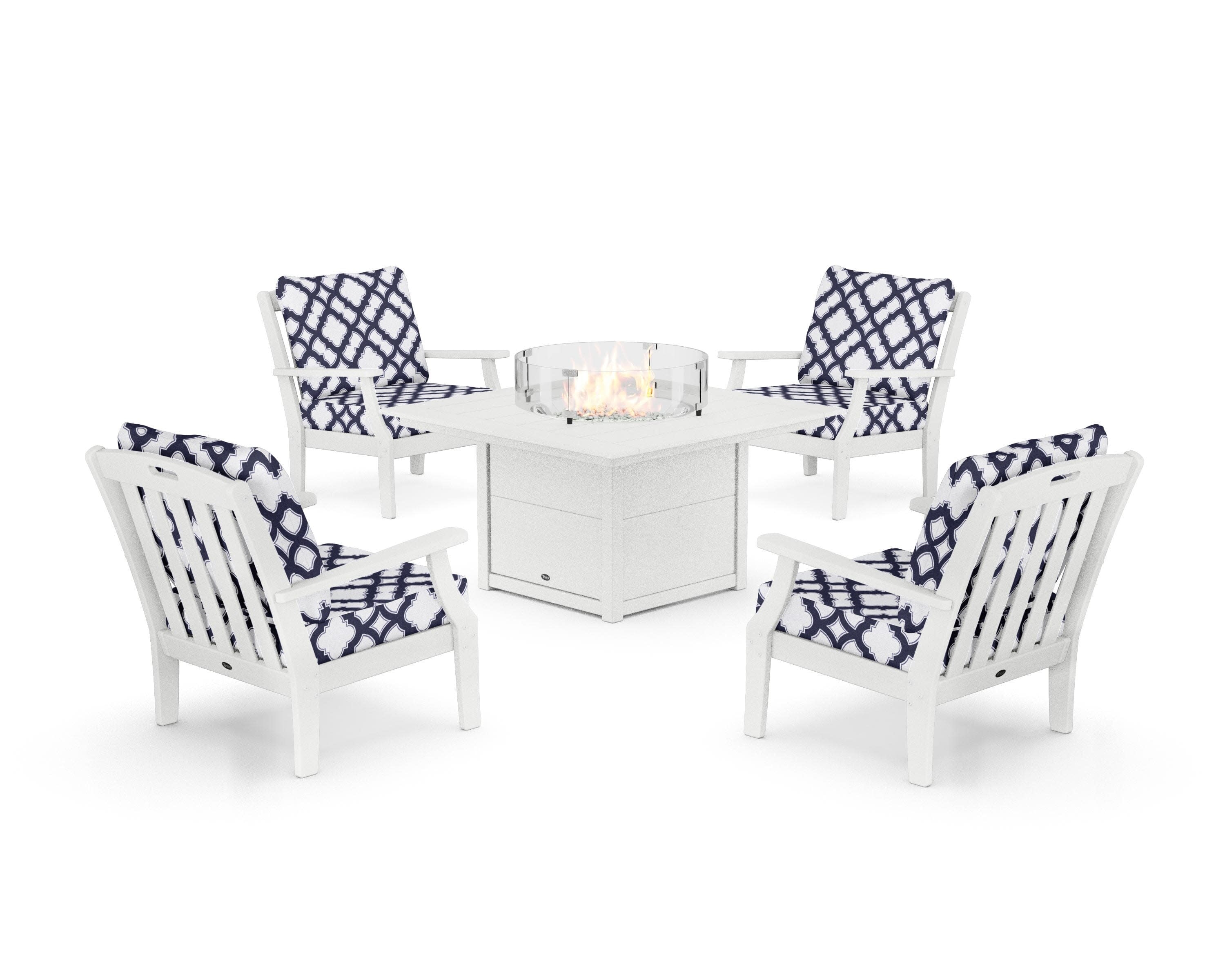 Yacht Club 5-Piece Deep Seating Set with Square Fire Pit Table in Classic White / Trellis Navy