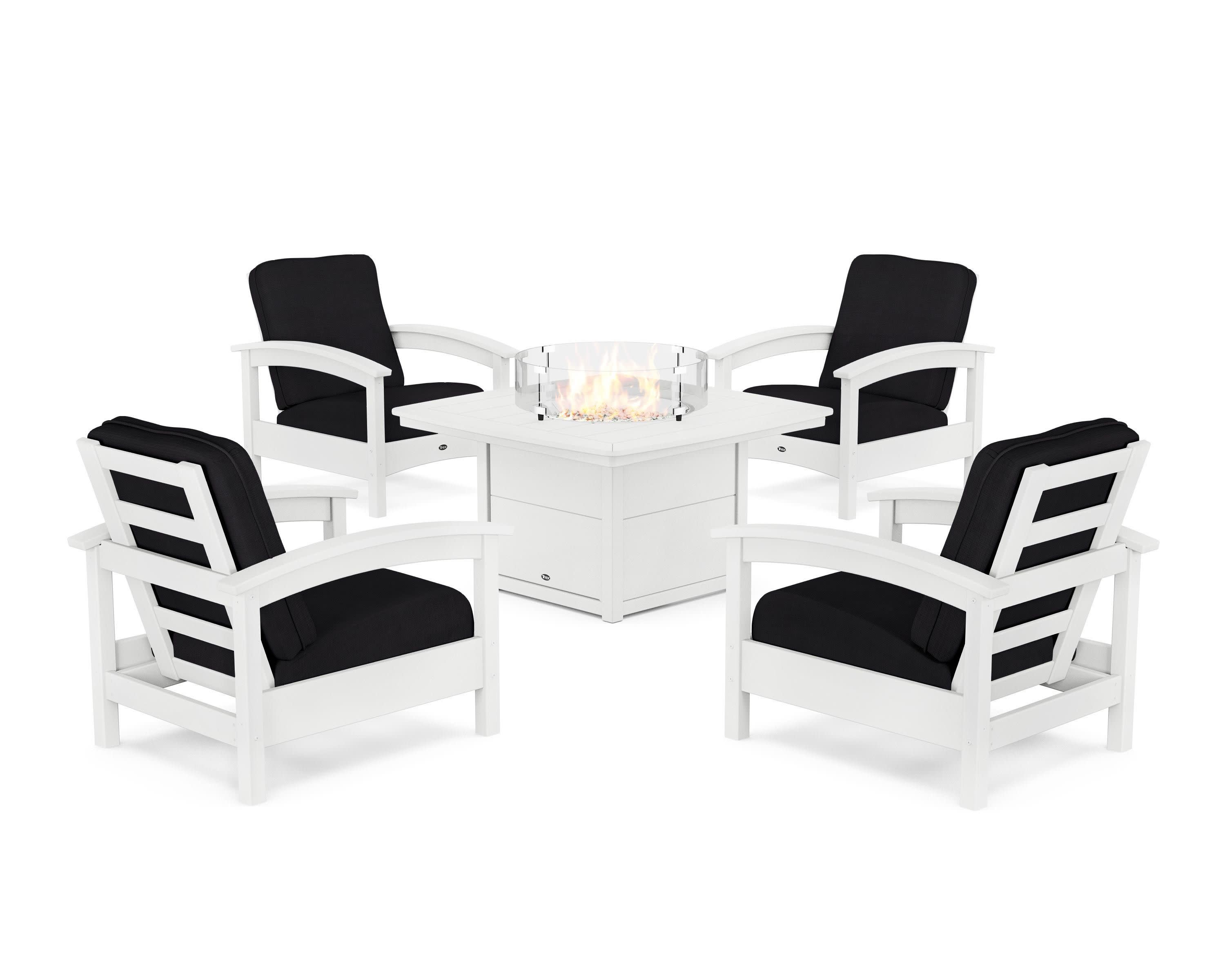 Rockport 5-Piece Deep Seating Set with Yacht Club Fire Pit Table in Classic White / Midnight Linen