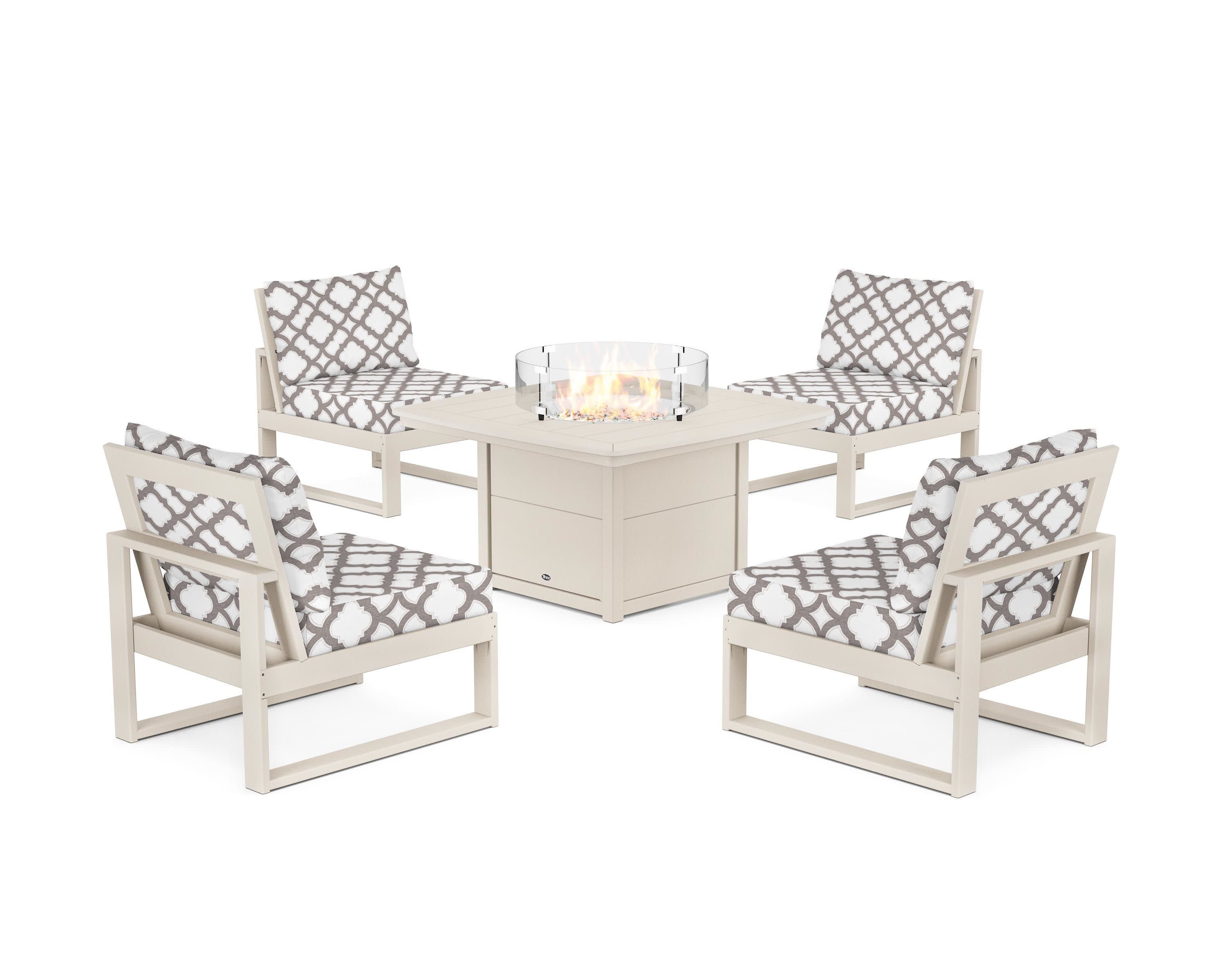 Eastport Modular 5-Piece Deep Seating Set with Yacht Club Fire Pit Table in Sand Castle / Trellis Grey Mist