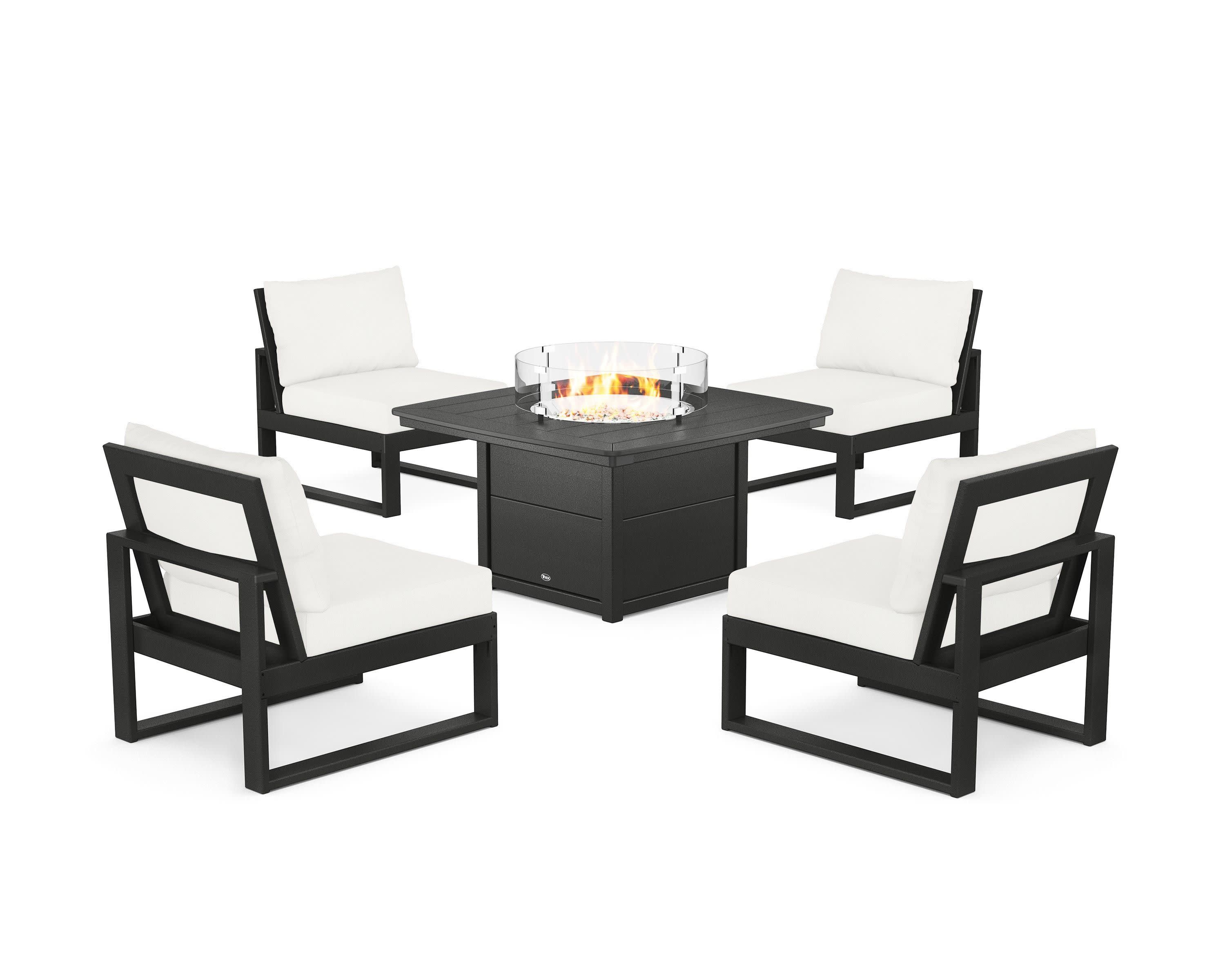 Eastport Modular 5-Piece Deep Seating Set with Yacht Club Fire Pit Table in Charcoal Black / Natural Linen