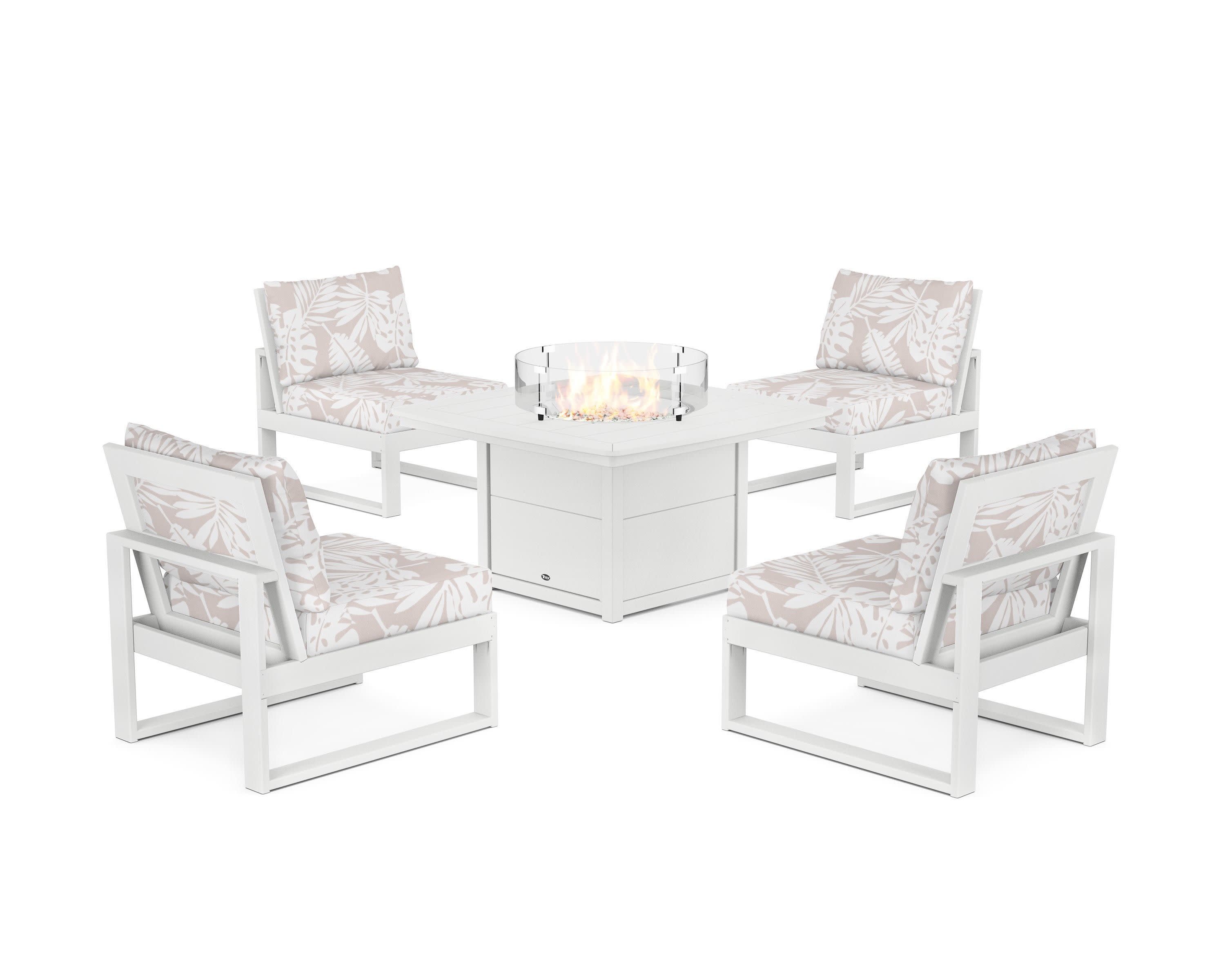 Eastport Modular 5-Piece Deep Seating Set with Yacht Club Fire Pit Table in Classic White / Leaf Dune Burlap