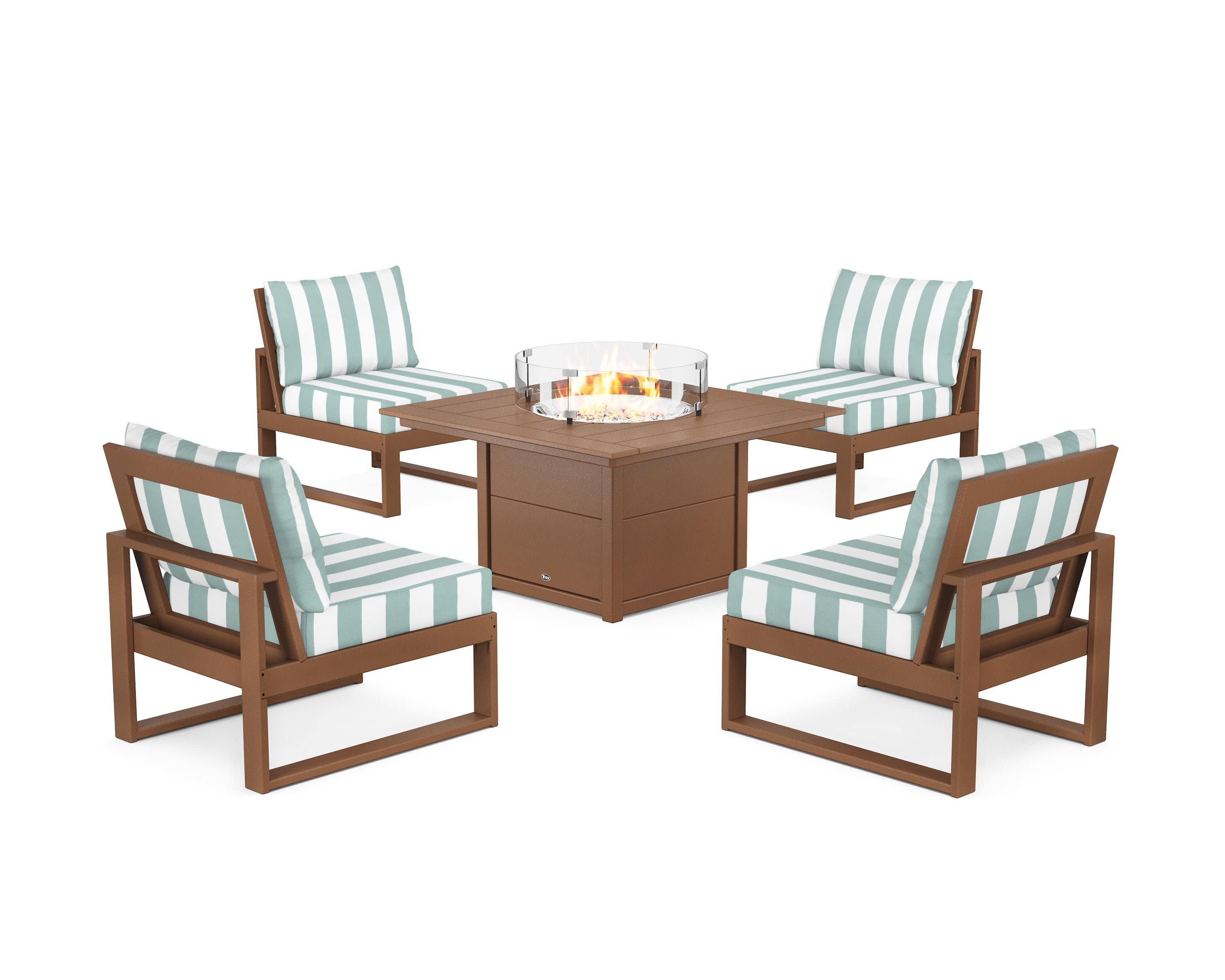 Eastport Modular 5-Piece Deep Seating Set with Square Fire Pit Table in Tree House / Cabana Stripe Glacier Spa