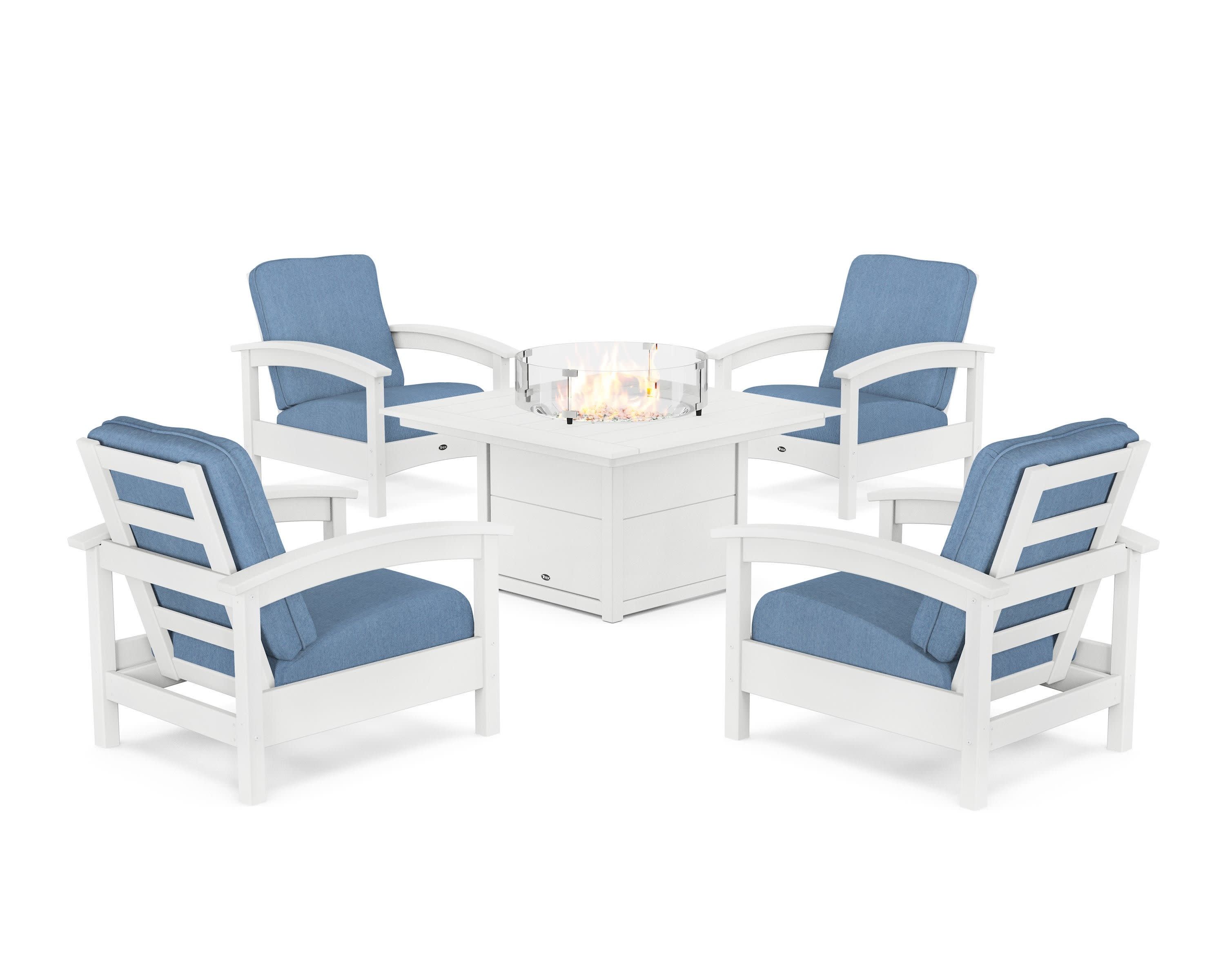 Rockport 5-Piece Deep Seating Set with Square Fire Pit Table in Classic White / Sky Blue