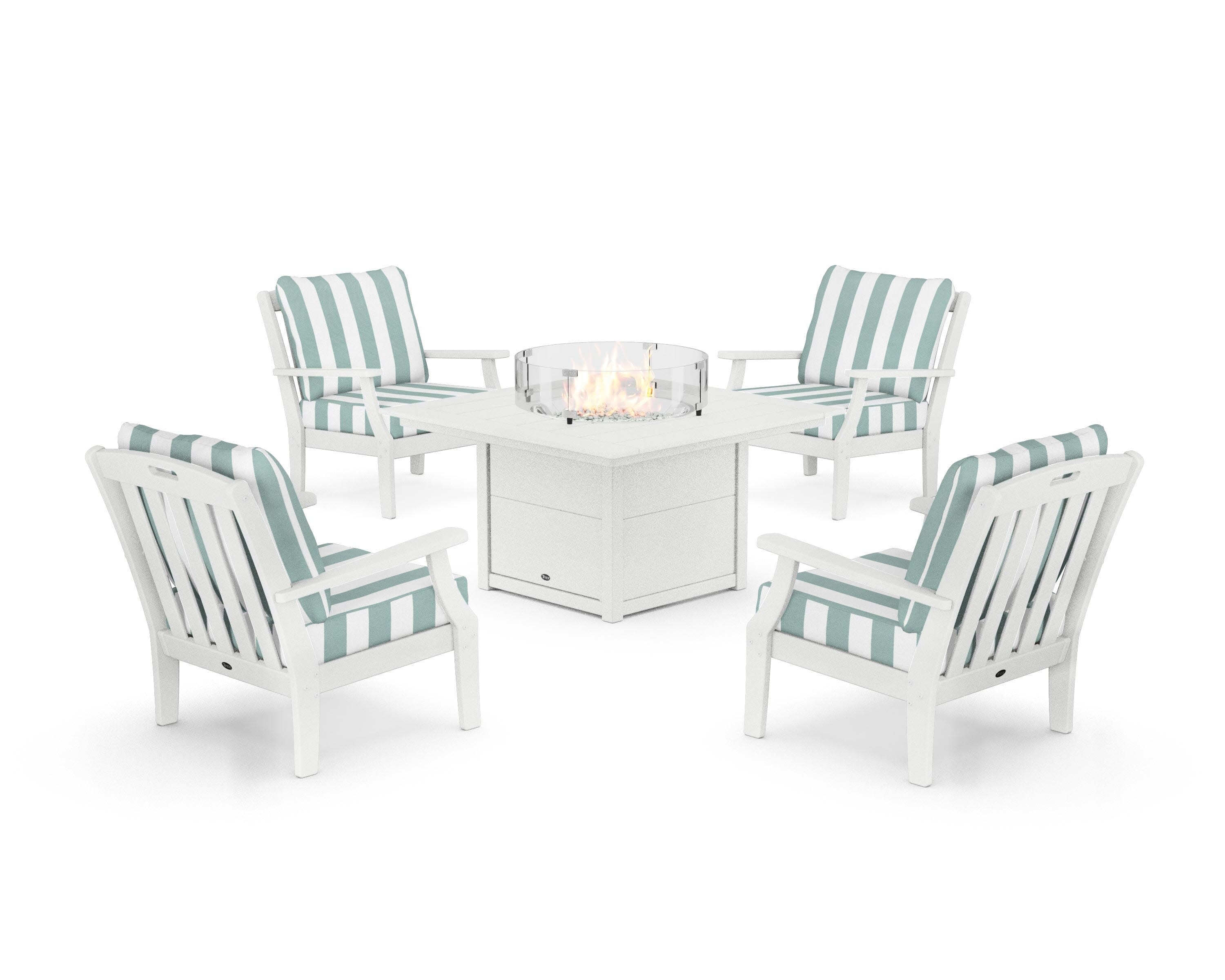 Yacht Club 5-Piece Deep Seating Set with Square Fire Pit Table in Classic White / Cabana Stripe Glacier Spa