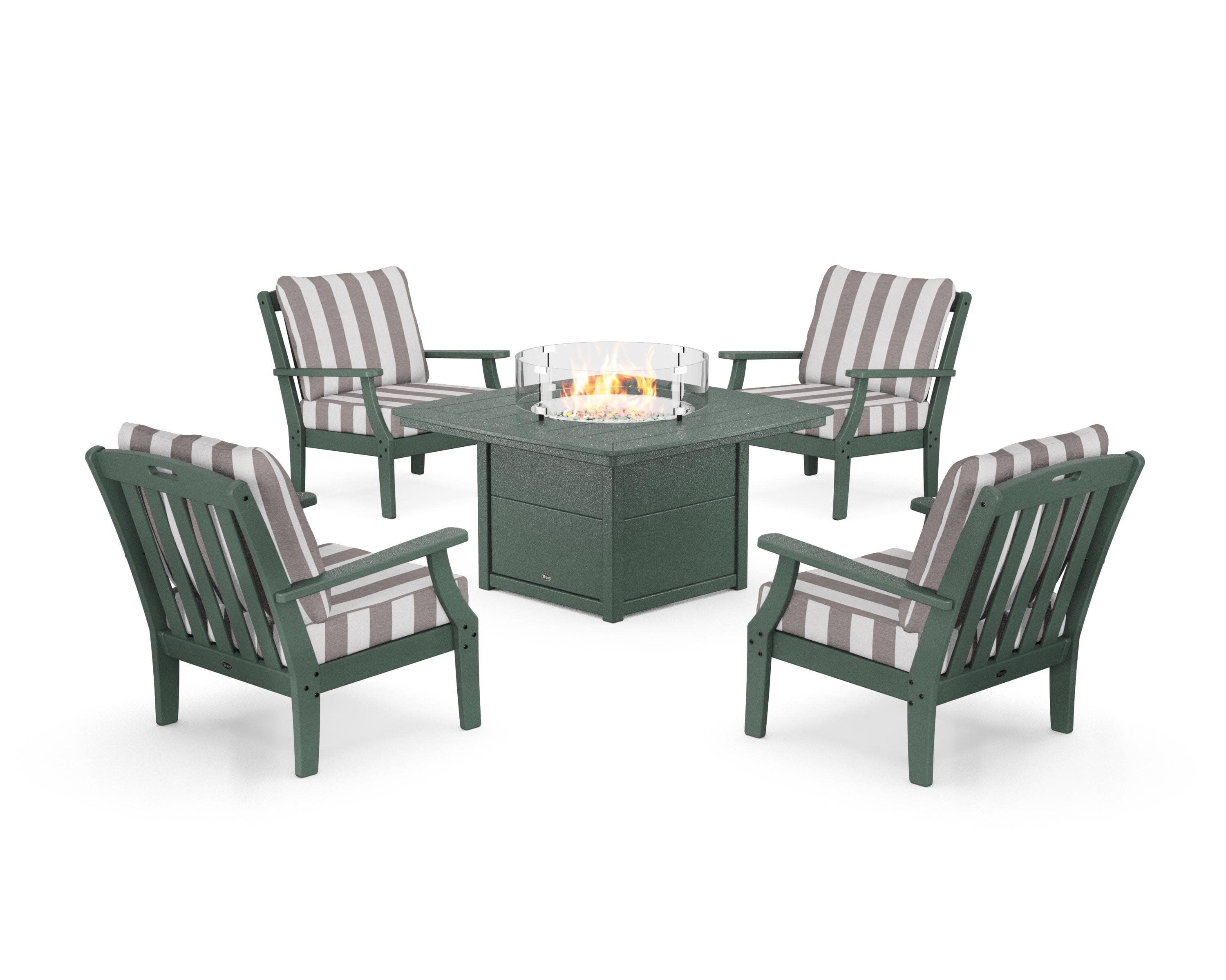 Yacht Club 5-Piece Deep Seating Set with Fire Pit Table in Rainforest Canopy / Cabana Stripe Grey Mist