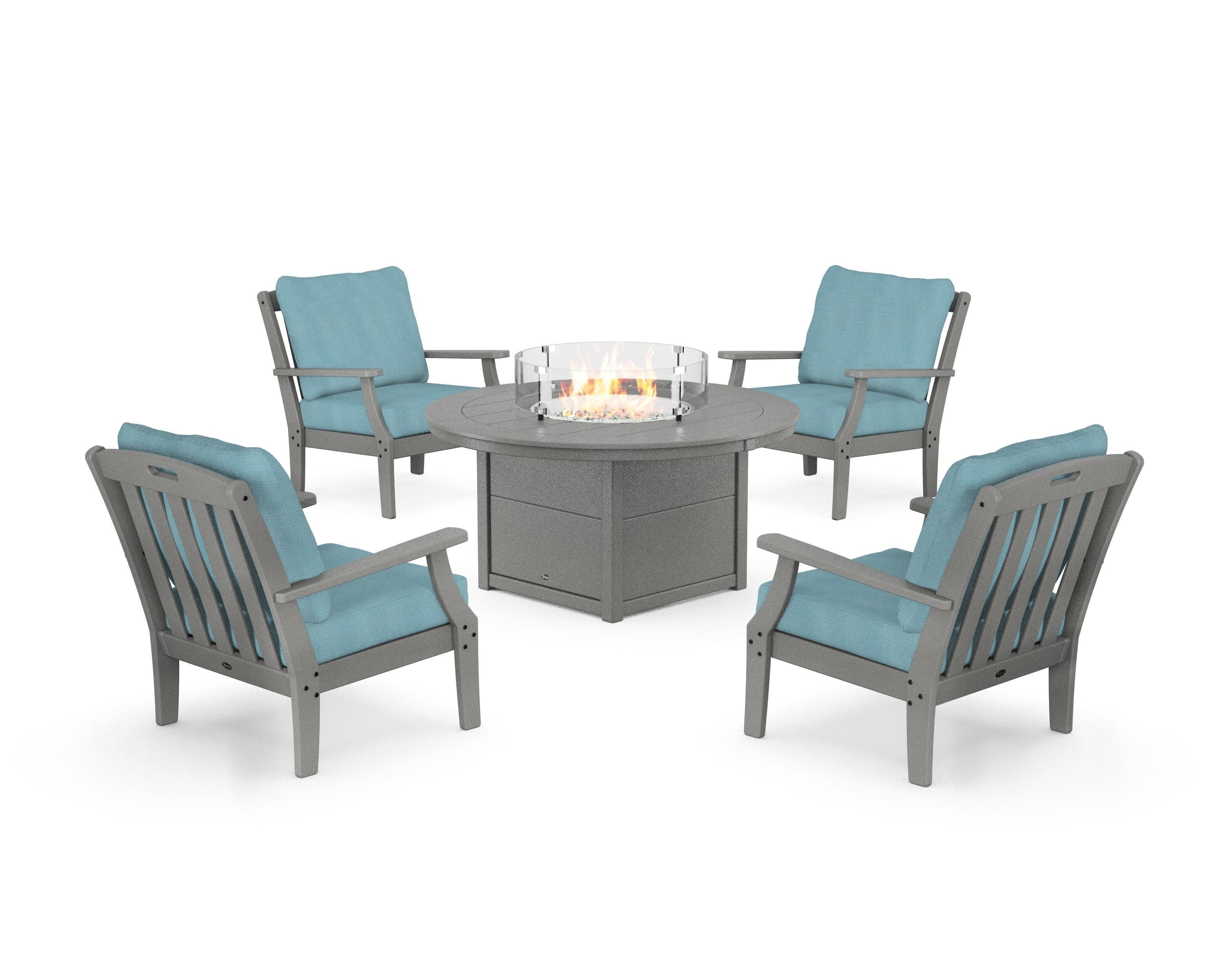 Yacht Club 5-Piece Deep Seating Set with Round Fire Pit Table in Stepping Stone / Lattice Sky Blue
