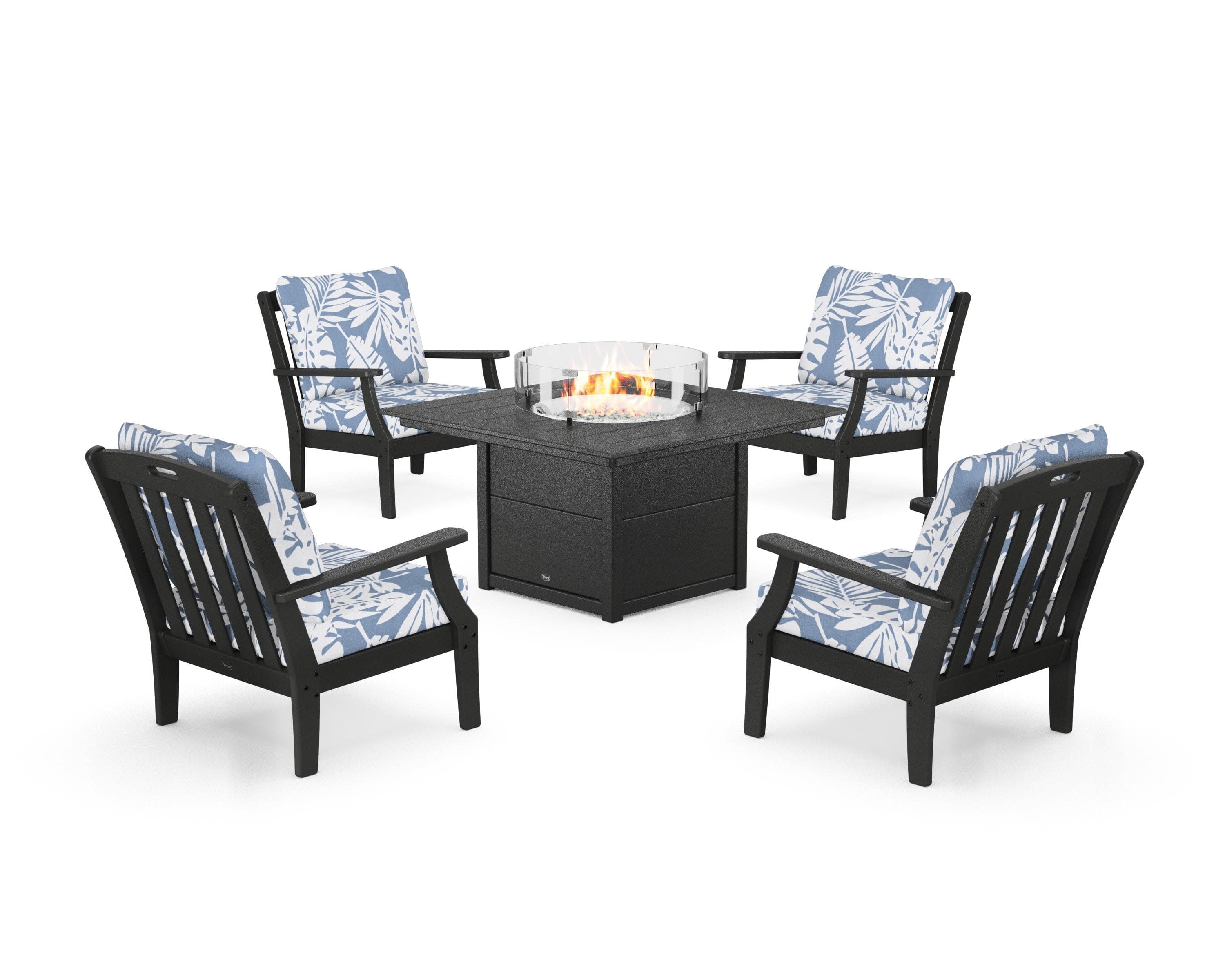 Yacht Club 5-Piece Deep Seating Set with Square Fire Pit Table in Charcoal Black / Leaf Sky Blue
