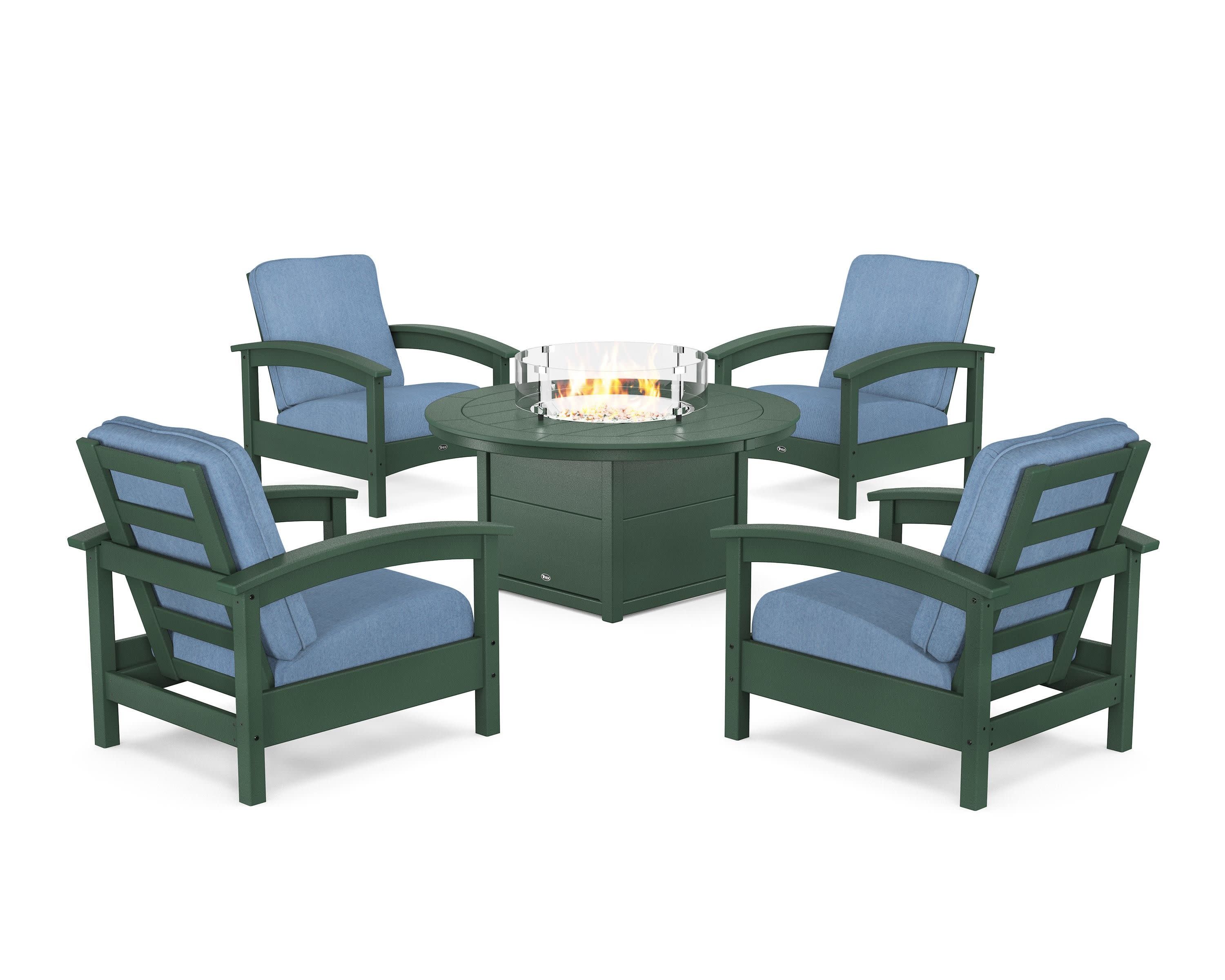 Rockport 5-Piece Deep Seating Set with Round Fire Pit Table in Rainforest Canopy / Sky Blue