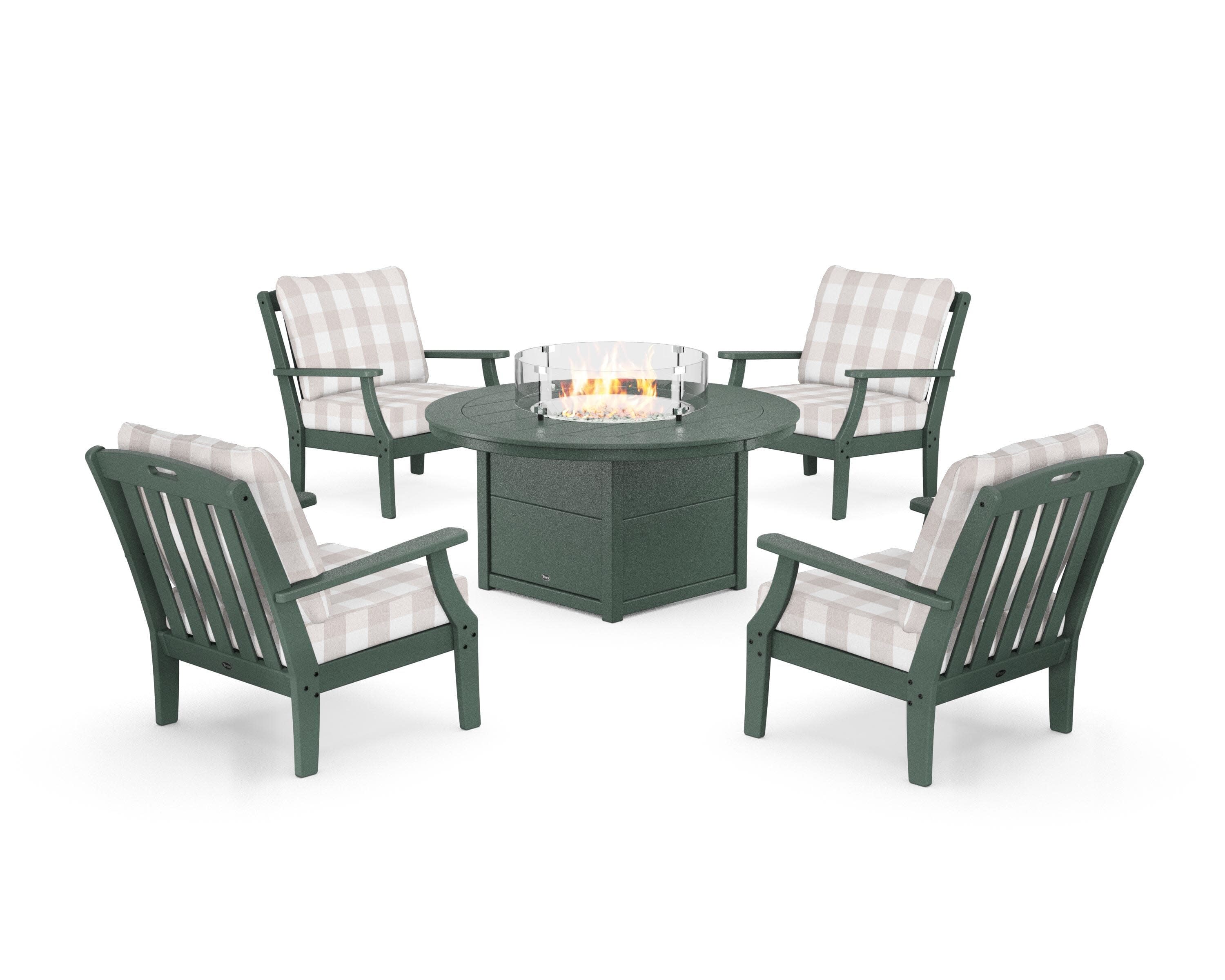 Yacht Club 5-Piece Deep Seating Set with Round Fire Pit Table in Rainforest Canopy / Buffalo Plaid Dune Burlap