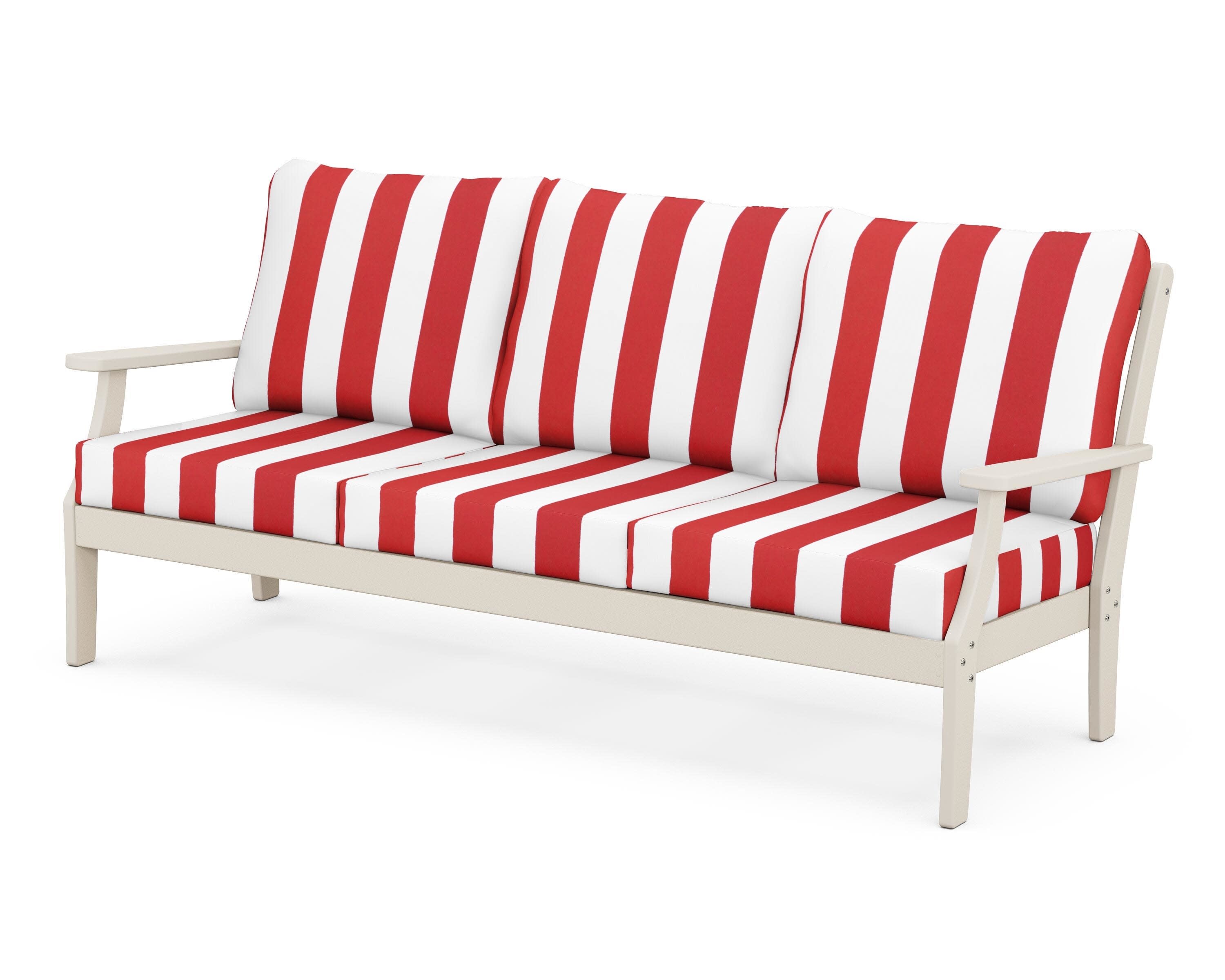 Yacht Club Deep Seating Sofa in Sand Castle / Cabana Stripe Crimson