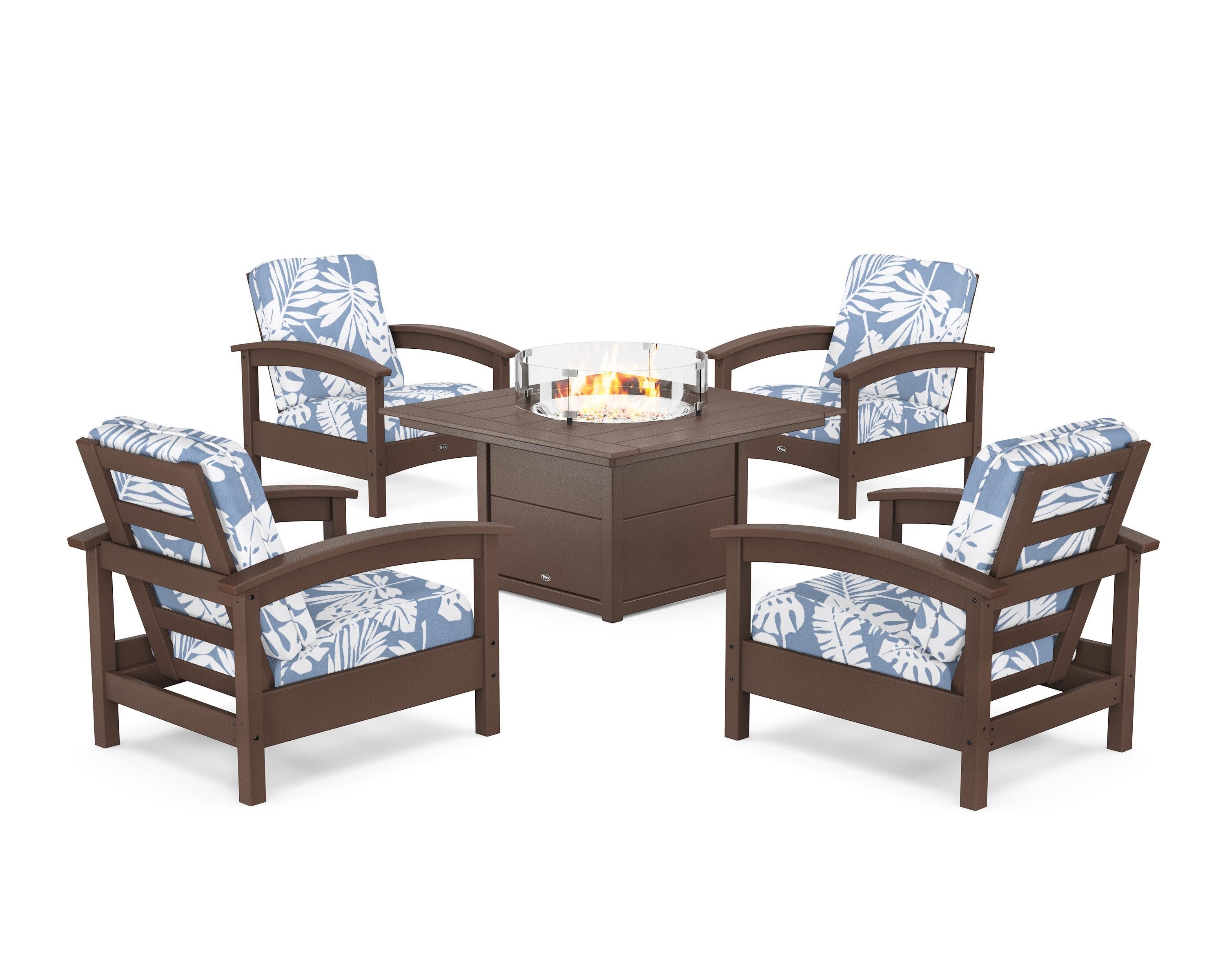 Rockport 5-Piece Deep Seating Set with Square Fire Pit Table in Vintage Lantern / Leaf Sky Blue