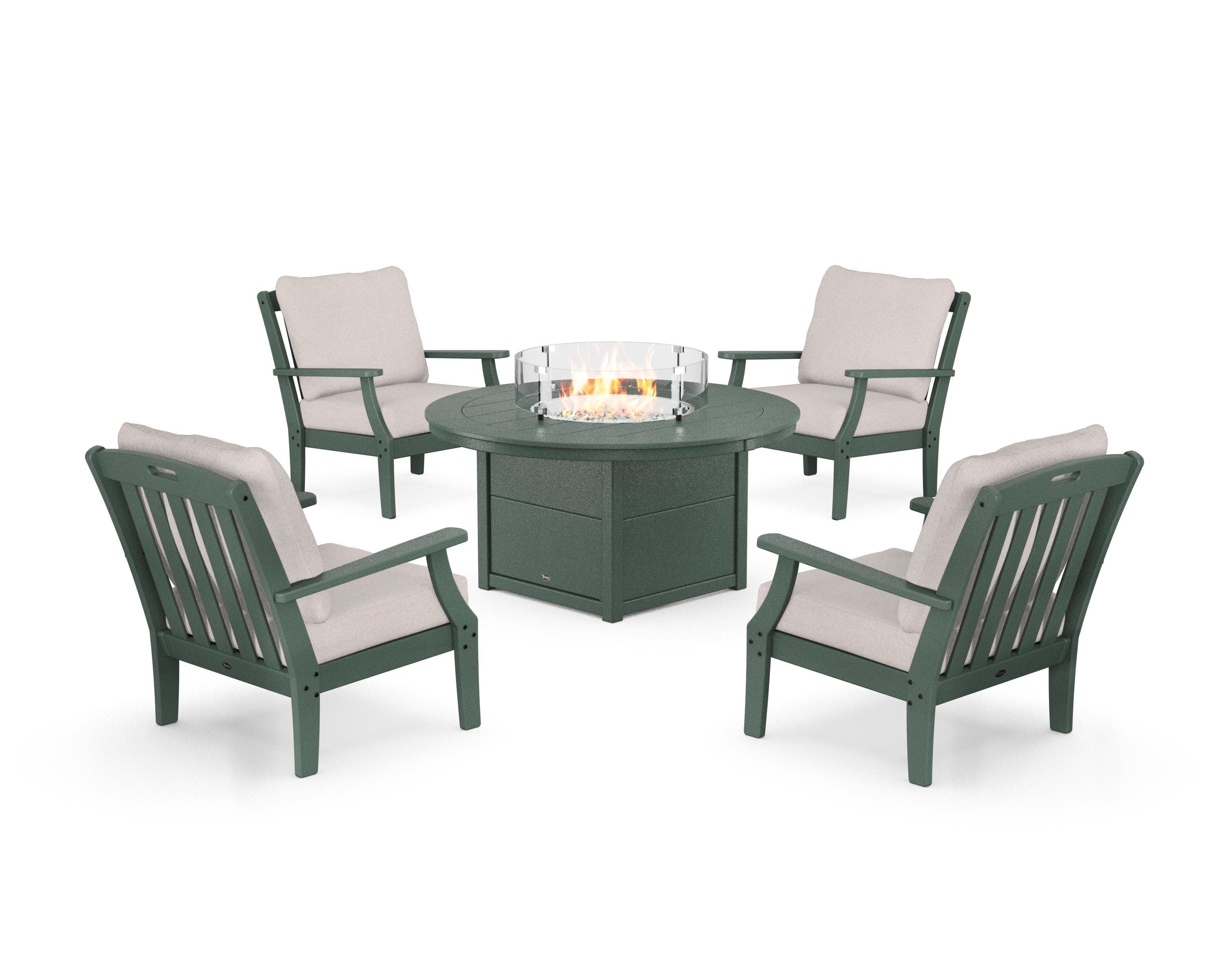 Yacht Club 5-Piece Deep Seating Set with Round Fire Pit Table in Rainforest Canopy / Dune Burlap
