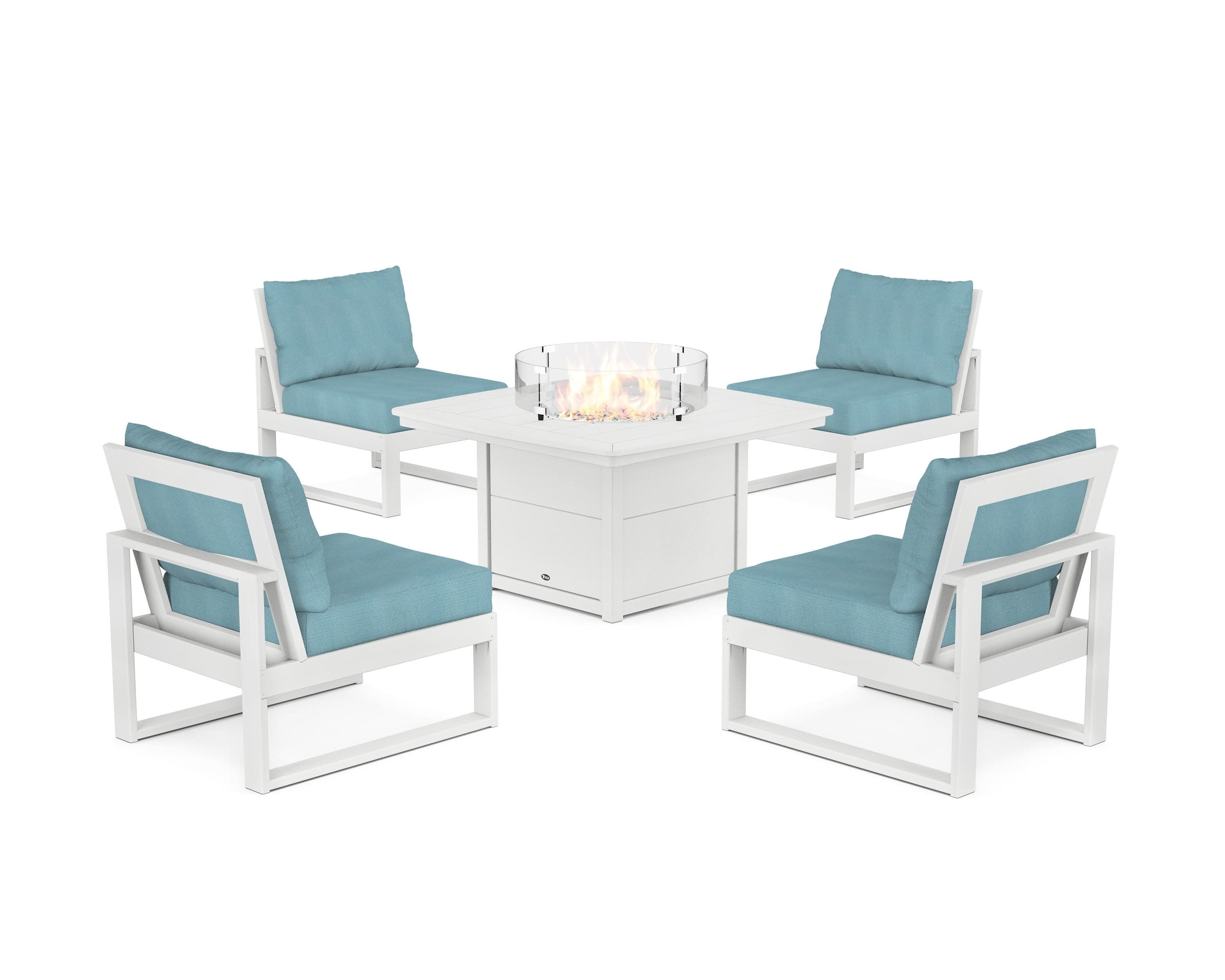 Eastport Modular 5-Piece Deep Seating Set with Yacht Club Fire Pit Table in Classic White / Lattice Sky Blue