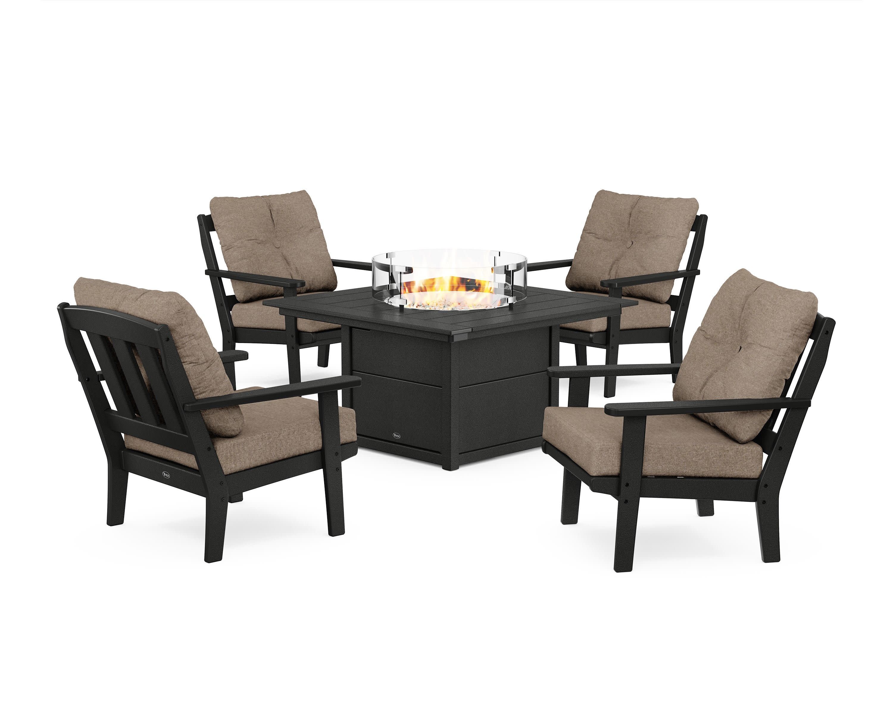 Cape Cod 5-Piece Deep Seating Set with Fire Pit Table in Charcoal Black / Spiced Burlap