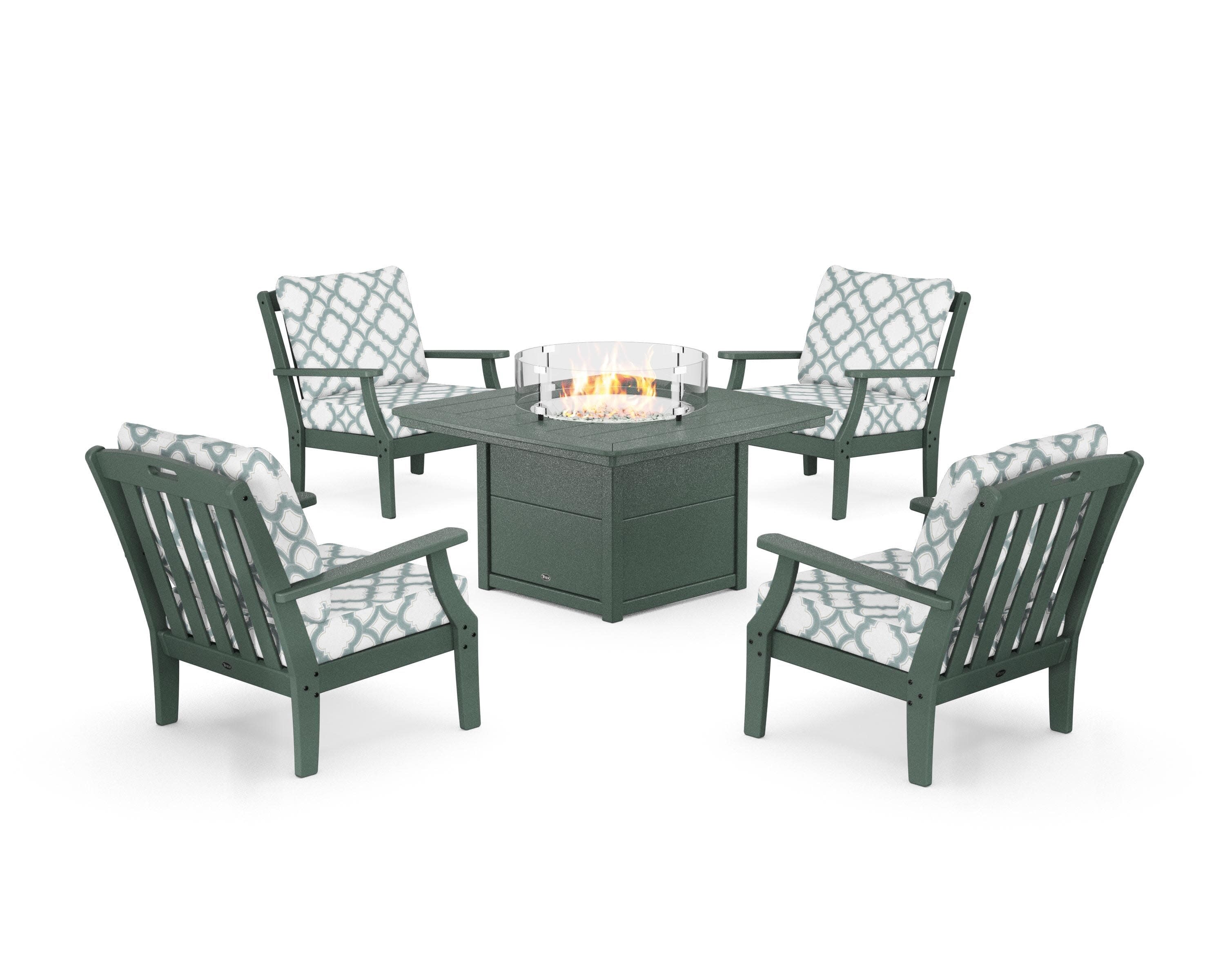 Yacht Club 5-Piece Deep Seating Set with Fire Pit Table in Rainforest Canopy / Trellis Glacier Spa